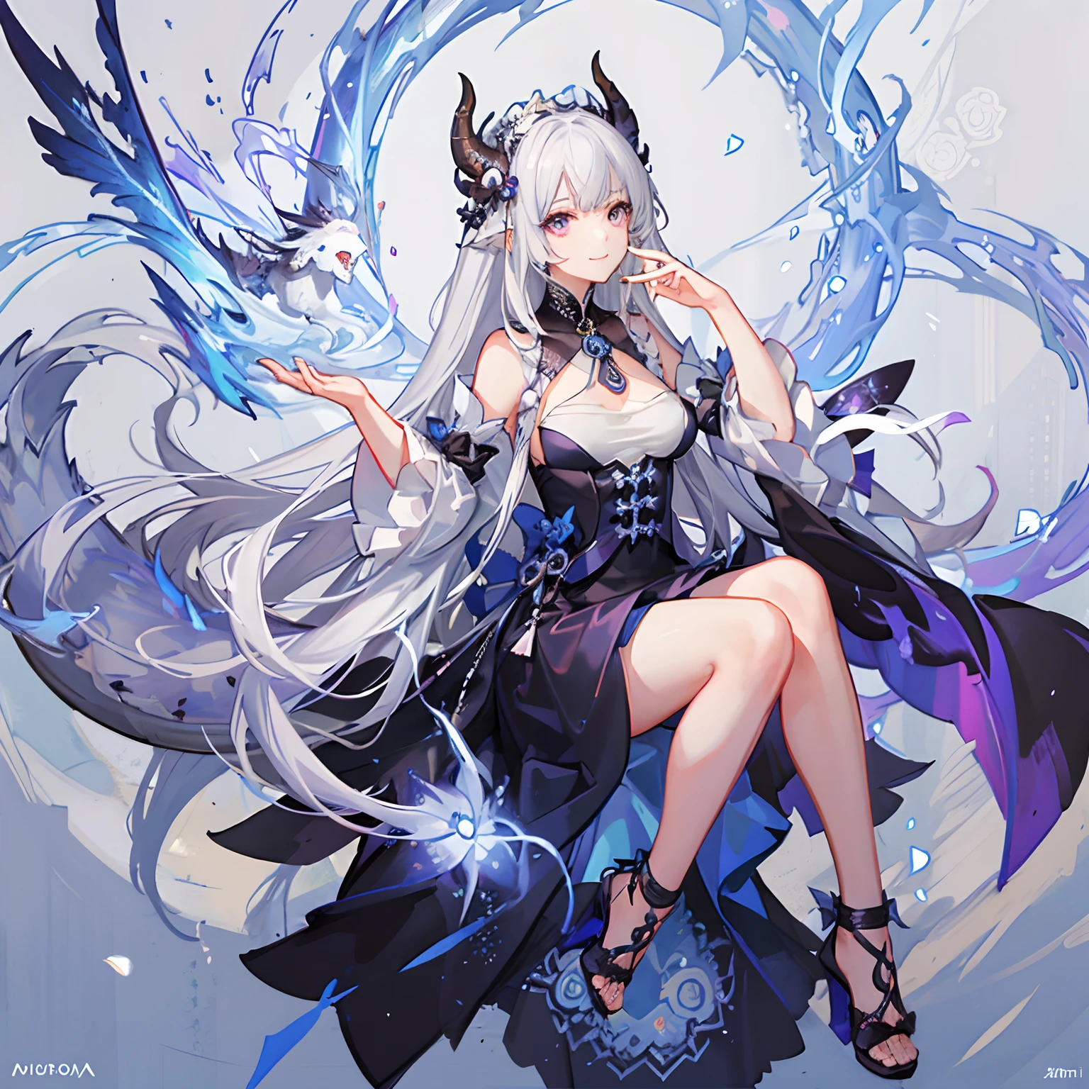 Infinity, mandalas, glinting, Radiant smiling girl with black hair in a lilac costume ,Beyond the girl looking up, endless mandala art、Beside it、There is one white dragon with a gentle and cute face