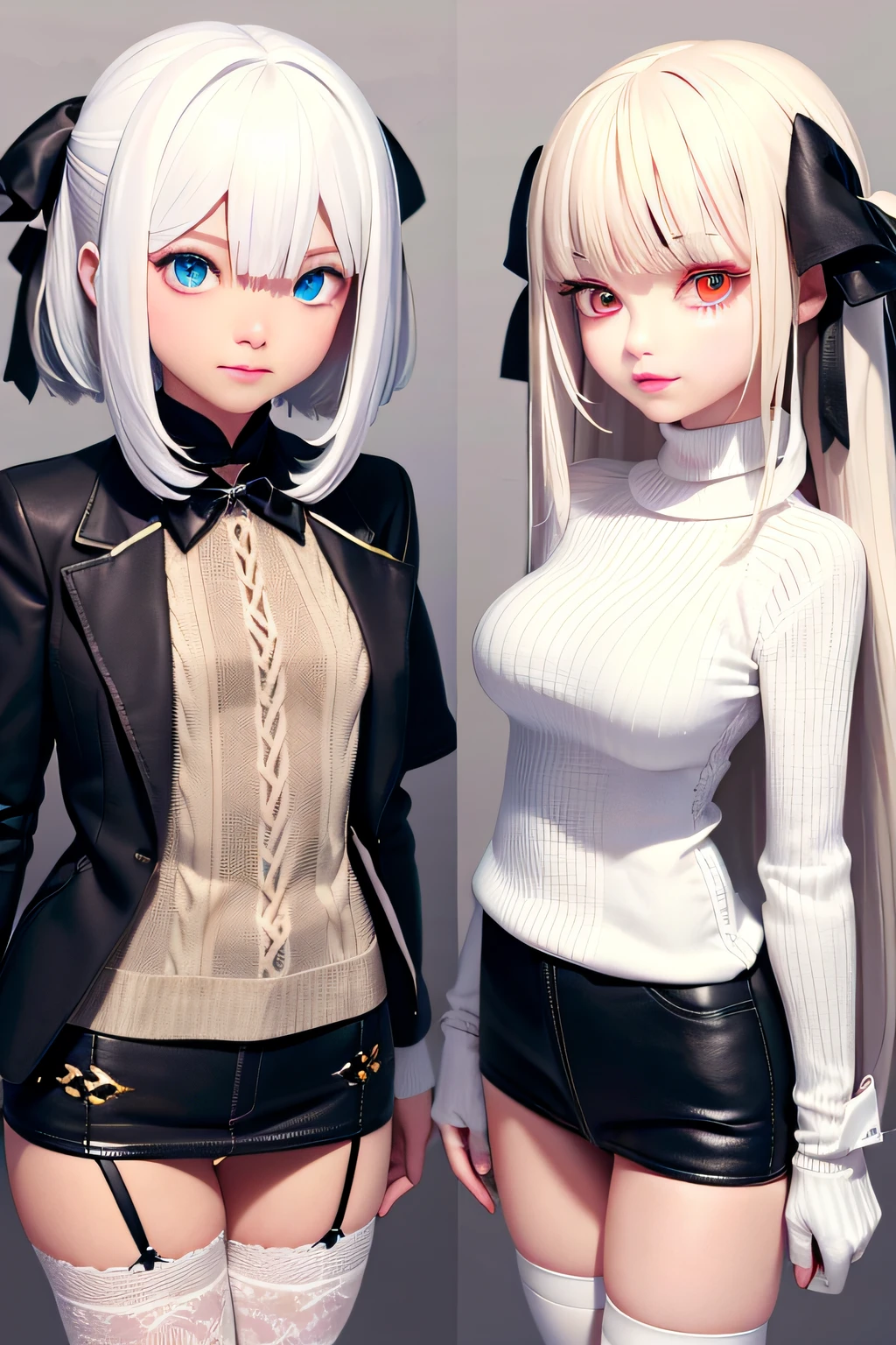 Outstanding Creation, hight resolution, top-quality, UHD, super detailing, Award, 16k, (The upper part of the body), Beauty Otome, white  hair, The hair, ((heterochromia iridis), Hanging corner, light skinned, (small tits), (Slim figure), ((Sweaters)), (Ribbon Color), (Gloves as short as half a palm)、Absolute Area、stockings、