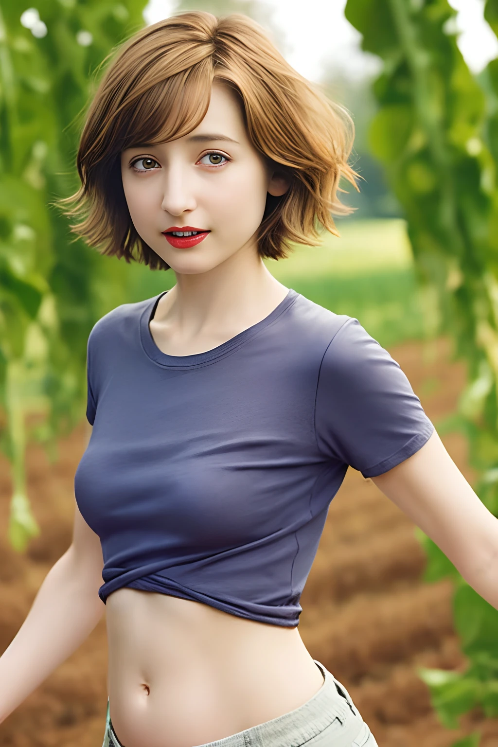 short hair very skinny , , Caucasian Allison Mack , red lips , women , brown hair   , happy , blurry, soft skin, , expressive eyes , belly , at      t-shirt,  jens pants , farm