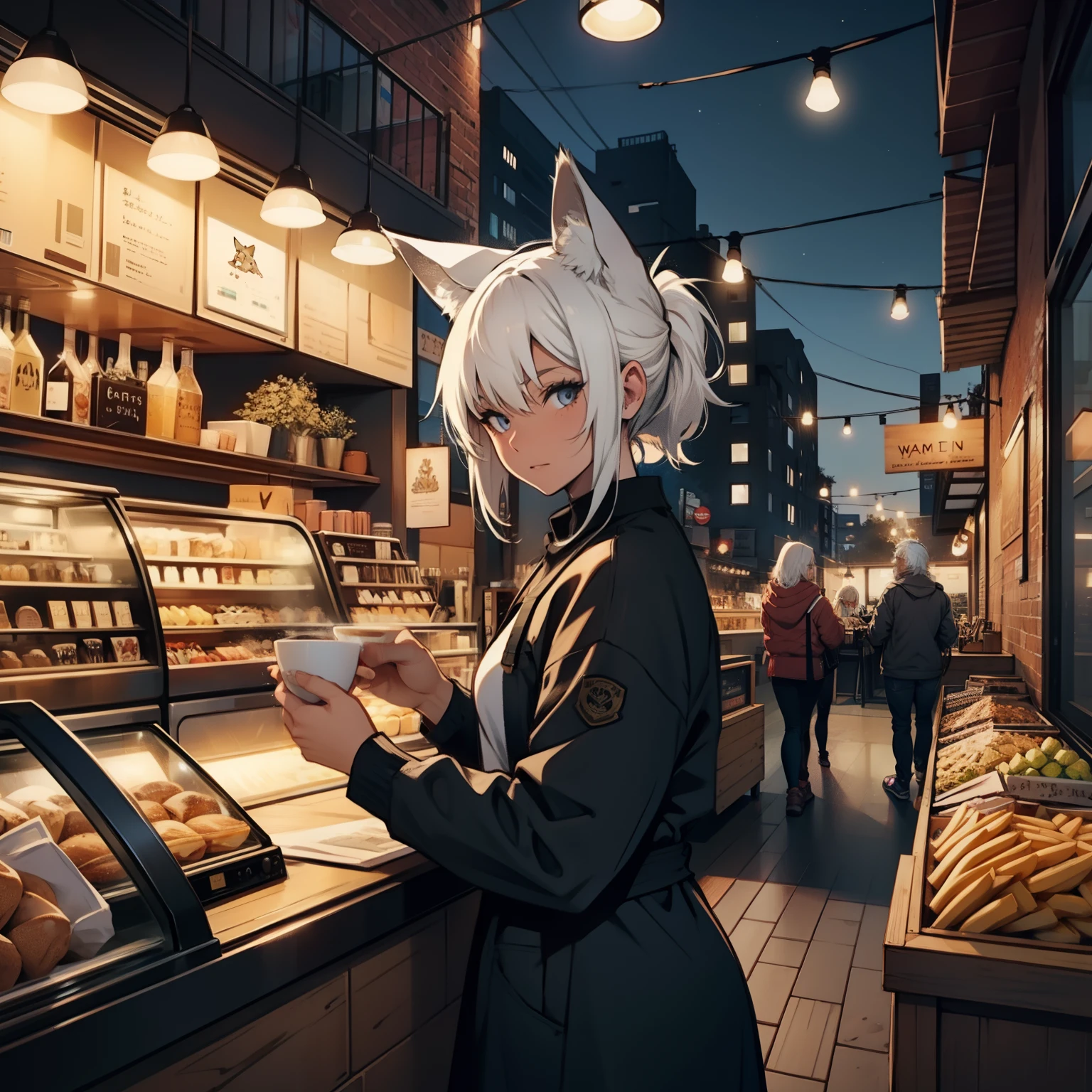 nighttime scene,barista,1girl in,coyote,white hair,illustratio,POV