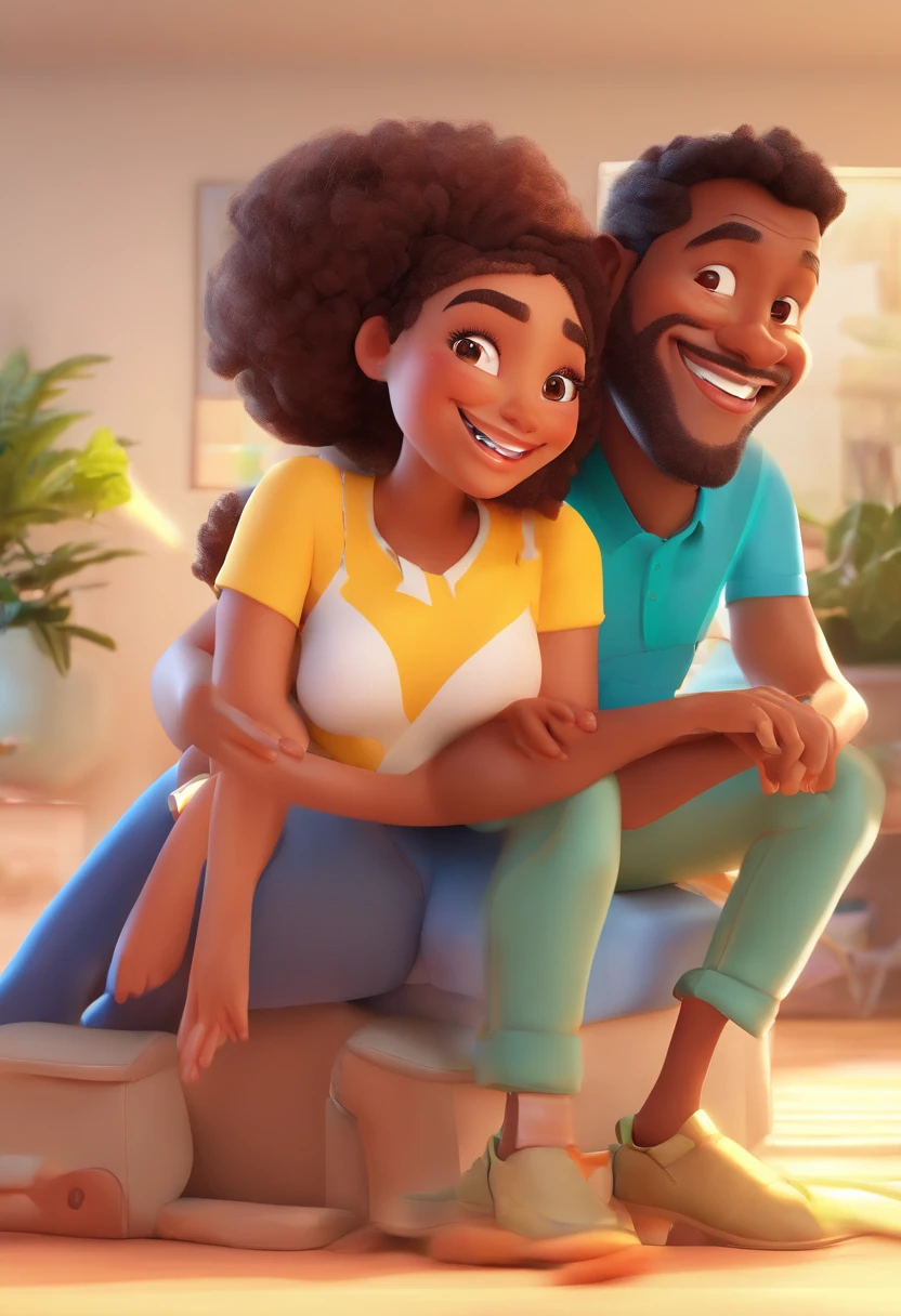 An illustration of an adorable couple, Highlight for a chubby mulatto man with glasses smiling and a brunette woman with beautiful expressive eyes - the man's skin is mulatto and the man's hair haswhile the woman's skin is black and the woman's hair is straight and brown. They are a bright room, cada um com um sorriso no rosto, e compartilhar um momento especial caracterizado pelo amor, Insights. Illustrate this scene from a perspective where they are facing the camera, Smiling and Showing Your Connection. Desenvolva esta arte em Full HD, Focus on your cinematic touch, Estilo Disney Pixar Animations
