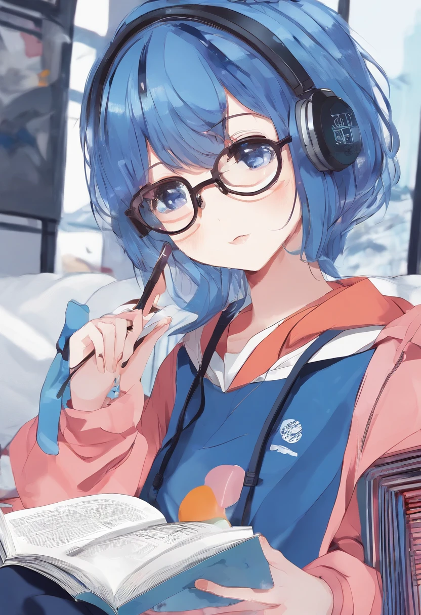 Blue pupil，Blue sweatshirt，Black pantsuit，Blue headset，Blue round glasses，, High school students，Hold the book