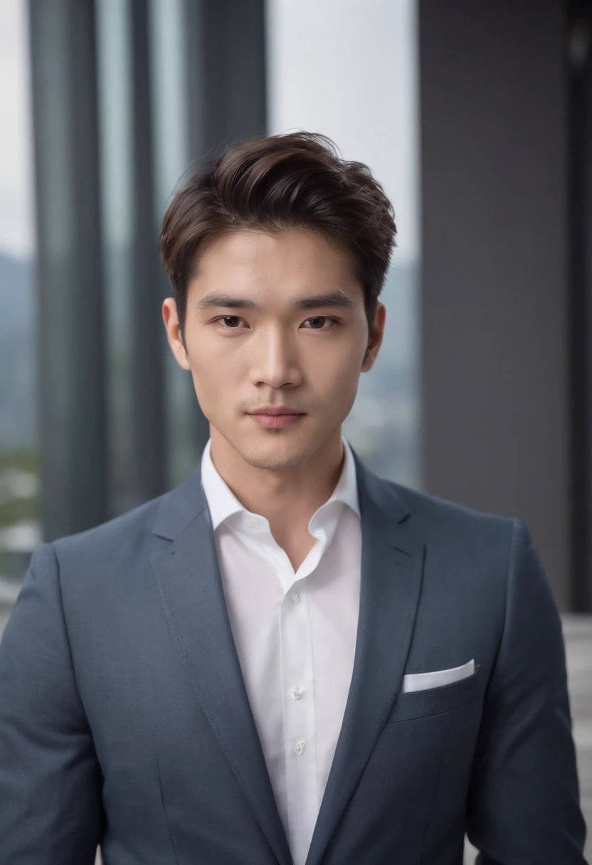 Attractive 26-year-old Japan, Man in Hugo Boss Business Suit , Executive Sexy Man, Terno Seo, Front camera focus, Mode Portrait, Completely straight in front of the camera
