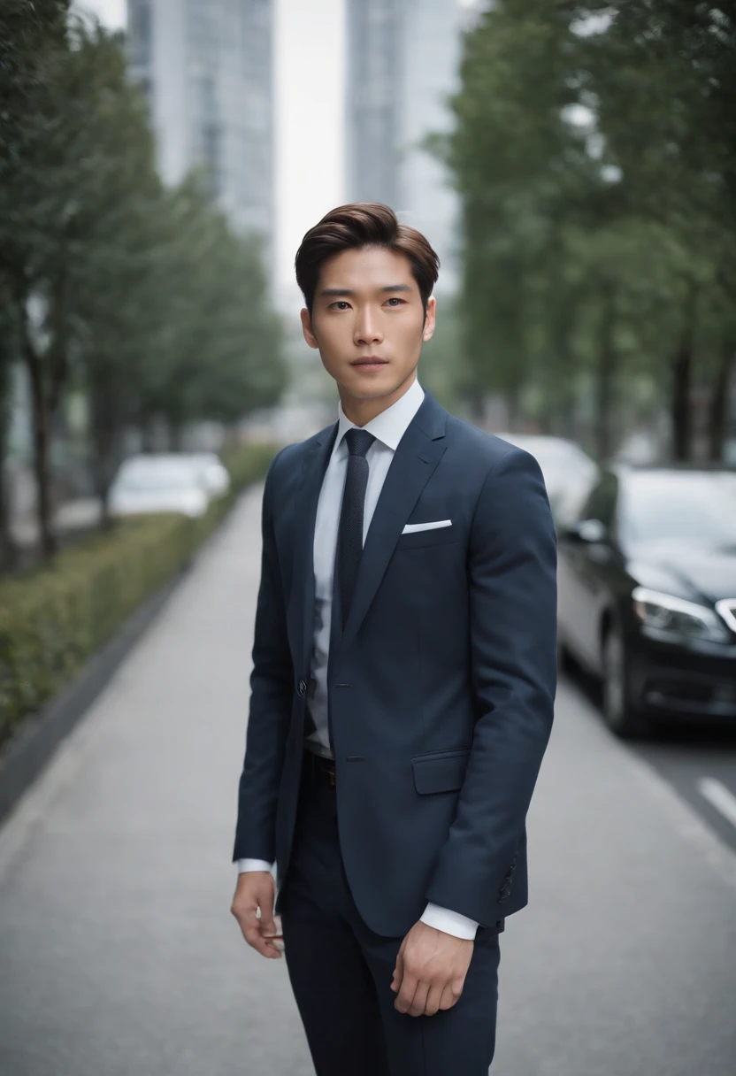 Attractive 26-year-old Japan, Man in Hugo Boss Business Suit , Executive Sexy Man, Terno Seo, Front camera focus, Mode Portrait, Completely straight in front of the camera