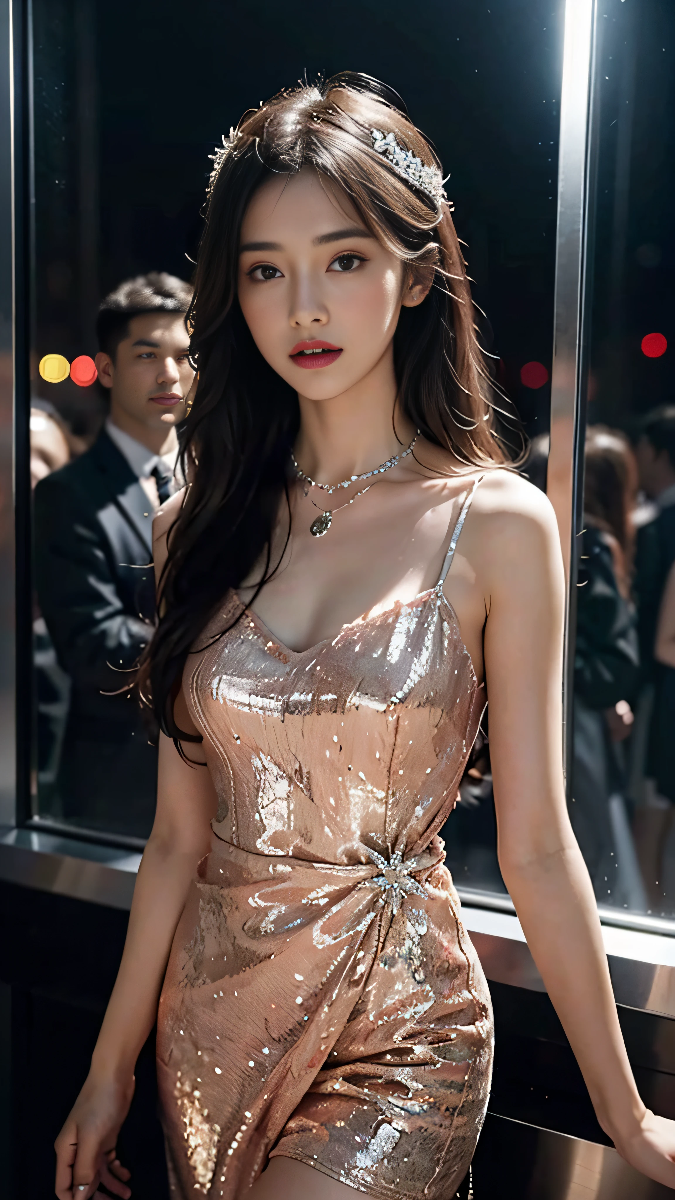 8K, ultra hd, masterpiece, 1 girl, good face, long hair, detailed eyes, glossy lips, medium breast, princess dress, silver dress, strap dress, bare waist:1, lace, necklace, jewellery, in the night club, reflection on dress:1.5, white lighting,