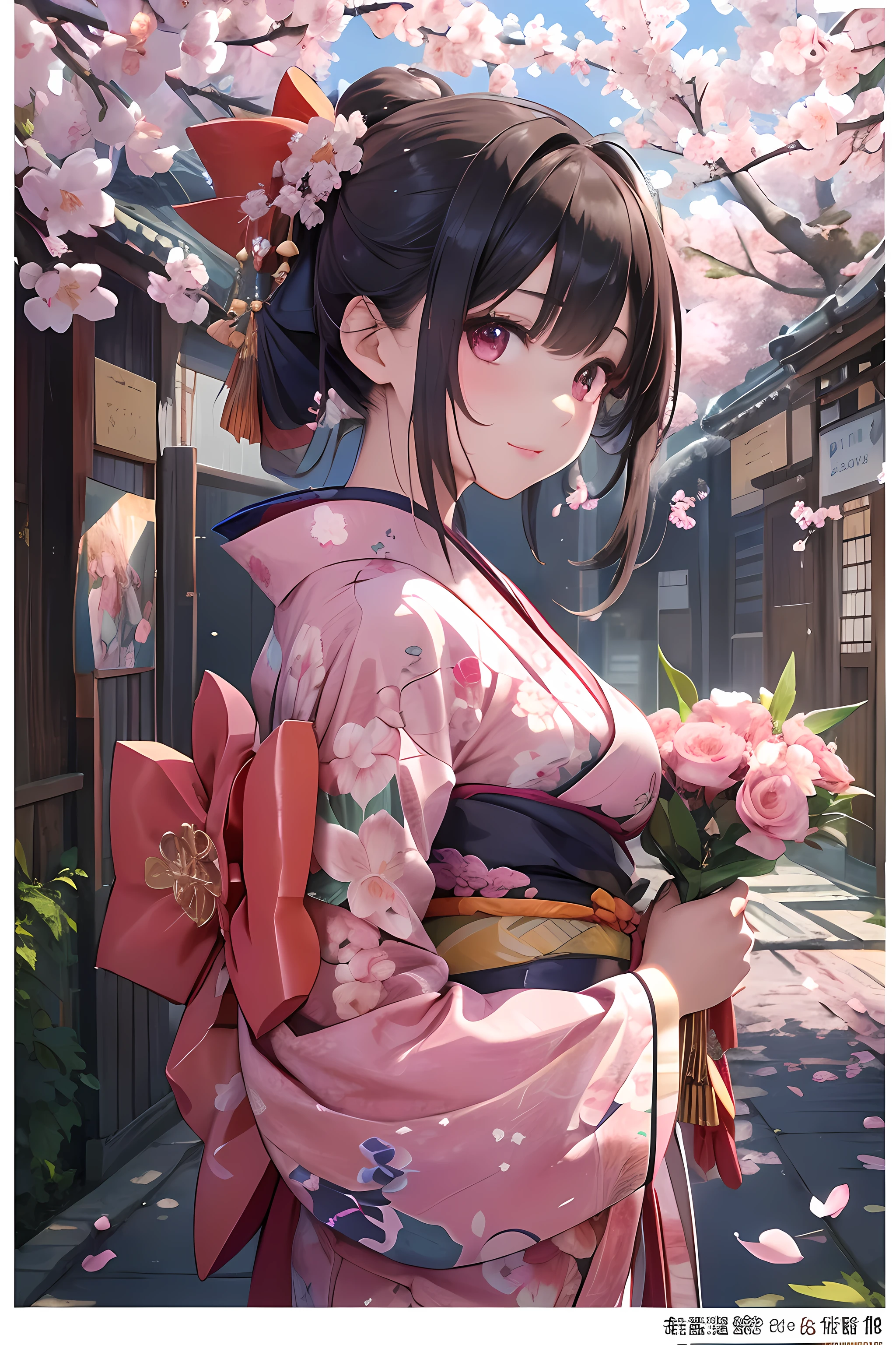 ((masterpiece1.5)),hyper quality, Hyper Detailed,Perfect drawing,1girl in,((Bigger breasts)),kawaii ,With smiling eyes,(((Beautiful kimono))),(((Luxury kimono)))、(Beautiful embroidery),。.。.3D Photography,16K illustrations,((clearface)),Hi-Res,nice background、(((beatiful backgrounds)))、(((Detailed drawing)))、Perfect Beautiful Girl、(((Perfect Photo)))、kirakira、shiny、a gorgeous、high-class sense、A dark-haired、(((pink seduction background)))、(thin-waist)、top-quality、Red face、master piece,hyper quality, Hyper Detailed,Perfect drawing,。.。.。.3D,16K illustrations、Hi-Res、1 persons、japanaese girl、A dark-haired、poneyTail、Red ribbons、Cute even though her eyes are tight、(((luxury
kimono)))、(((In a wrapped bouquet)))、((Plum blossoms))、((peach blossoms))、((cherryblossom))、Back view、Detailed drawing、Best Quality, Capture super cute moments, depth of fields, ultra-detailliert, High resolution, C4D, Octadale, 。.。.3D Modeling, Delicate and detailed depiction、Shooting from the back diagonally below、((moonlights))、superclear、Full of charm、masuter pie