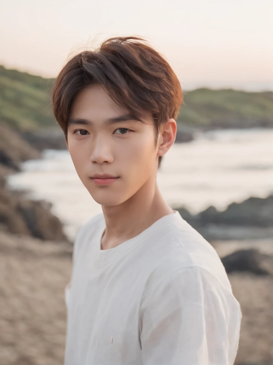 Hidemi Shimada,japanese boy , 18 years old, Pupils, seaside, Boy,White shirt, Sunlight, light, Focal length 35mm, Angle, Natural light, Bright, Soft, Minimalist, Clear subject, Shot with a half-body shot,Photography, Cinematic, high detailing, hyper quality, High resolution, hard disk, 8K, romanticism, close-up, Digital SLR, suits