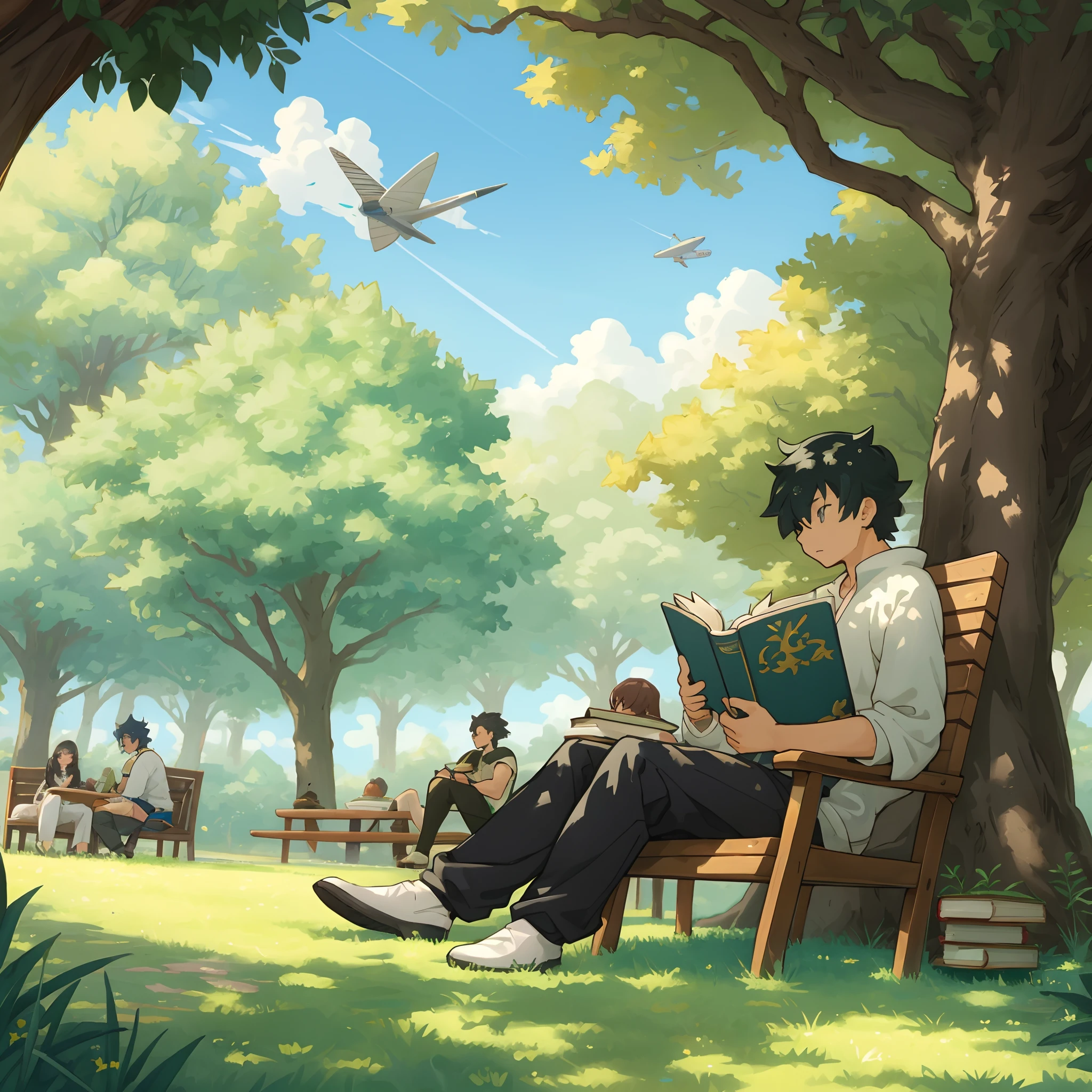 A fan-created illustration capturing a casual day in the life of a Black female protagonist with the power to control plants, and a South Asian male protagonist with the power of flight from a famous fantasy battle manga, They are relaxing in a sunlit park, reading books and enjoying a peaceful afternoon tea, surrounded by lush greenery and floating gently above them are small islands, suitable for a fan-created work that could be shared on platforms like Pixiv or Twitter,