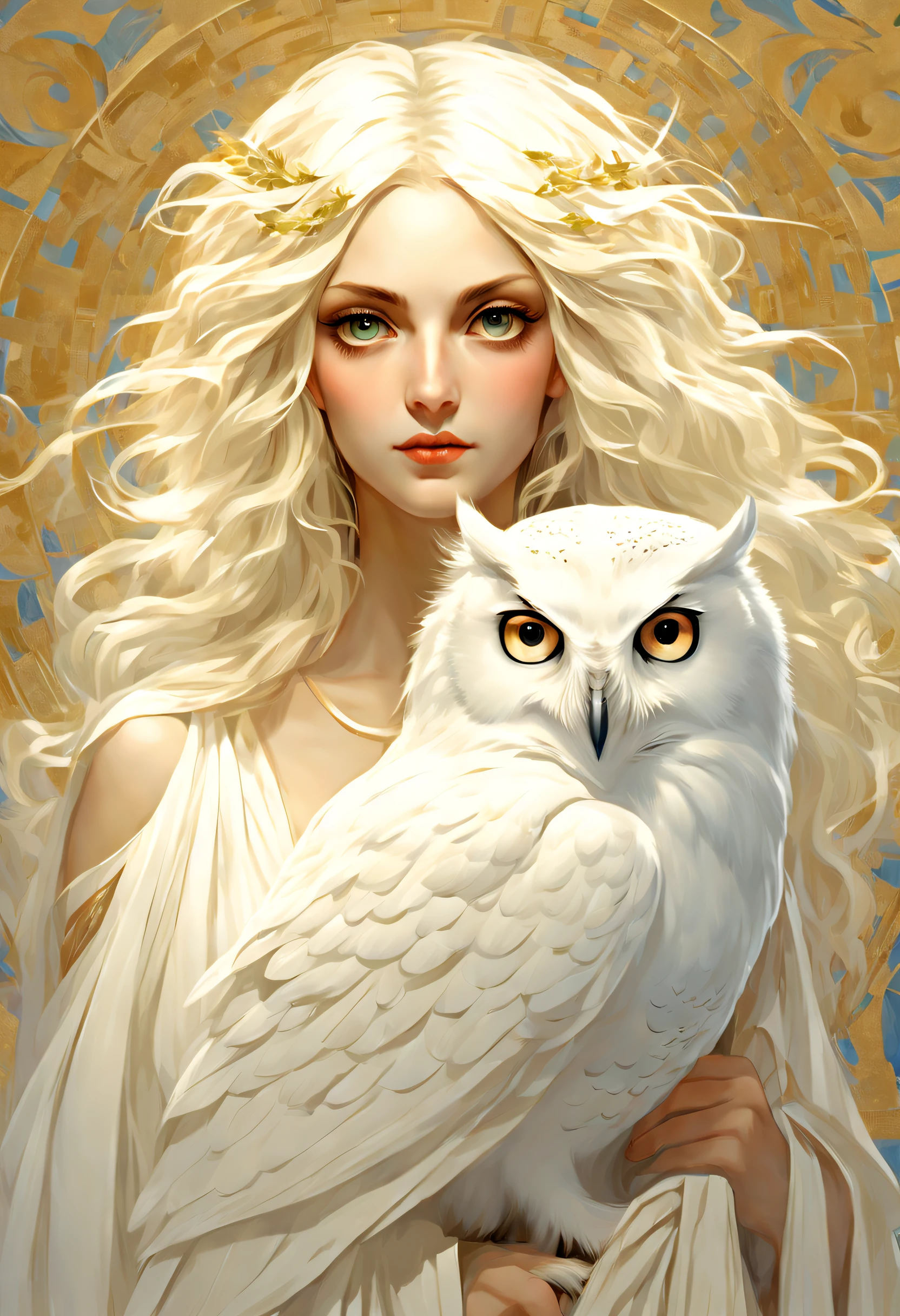 Surrealist art style (A pure white owl stands on Athena's shoulder),(Pure white owl: 1.37), Pure white owl, Pure white owl, (Stand on Athena's shoulders),(Stand on the shoulder: 1.37) The owl's face is round, (wide blue eyes: 0.8), very large eyes, Short curved beak, Thick, Pure white feathers, Thick claws, Pure white, It is a unique and beautiful creature，The wonders and wisdom of nature are on display,
(The left half of Athena's body: 0.8), The eyes of the goddess were bright and large, Charming and majestic, Her facial contours are elegant and refined, Her Greek nose is straight, Her hair is blonde or dark, Long and smooth, Her mouth is often pursed tightly, Show her determination and determination. Her skin is fair and flawless, ivory skin, Dignified and beautiful, Shining golden light, Wearing an olive branch,,{{Masterpiece}}, {{{Best quality}}},{{Ultra-detailed}}, {{illustration}},{{Disheveled hair}},{{Masterpiece}},{{{Best quality}}},{{Ultra-detailed}}, {{{illustration}}},{{Disheveled hair}},concept art of character,Game scene graph,A beautiful painting by Alphonse Mucha,illustration,Masterpiece,Matte painting,Enigmatic Atmosphere,Caricature,Depth of field (degrees of freedom),full bodyesbian,Close up,Dramatic lighting