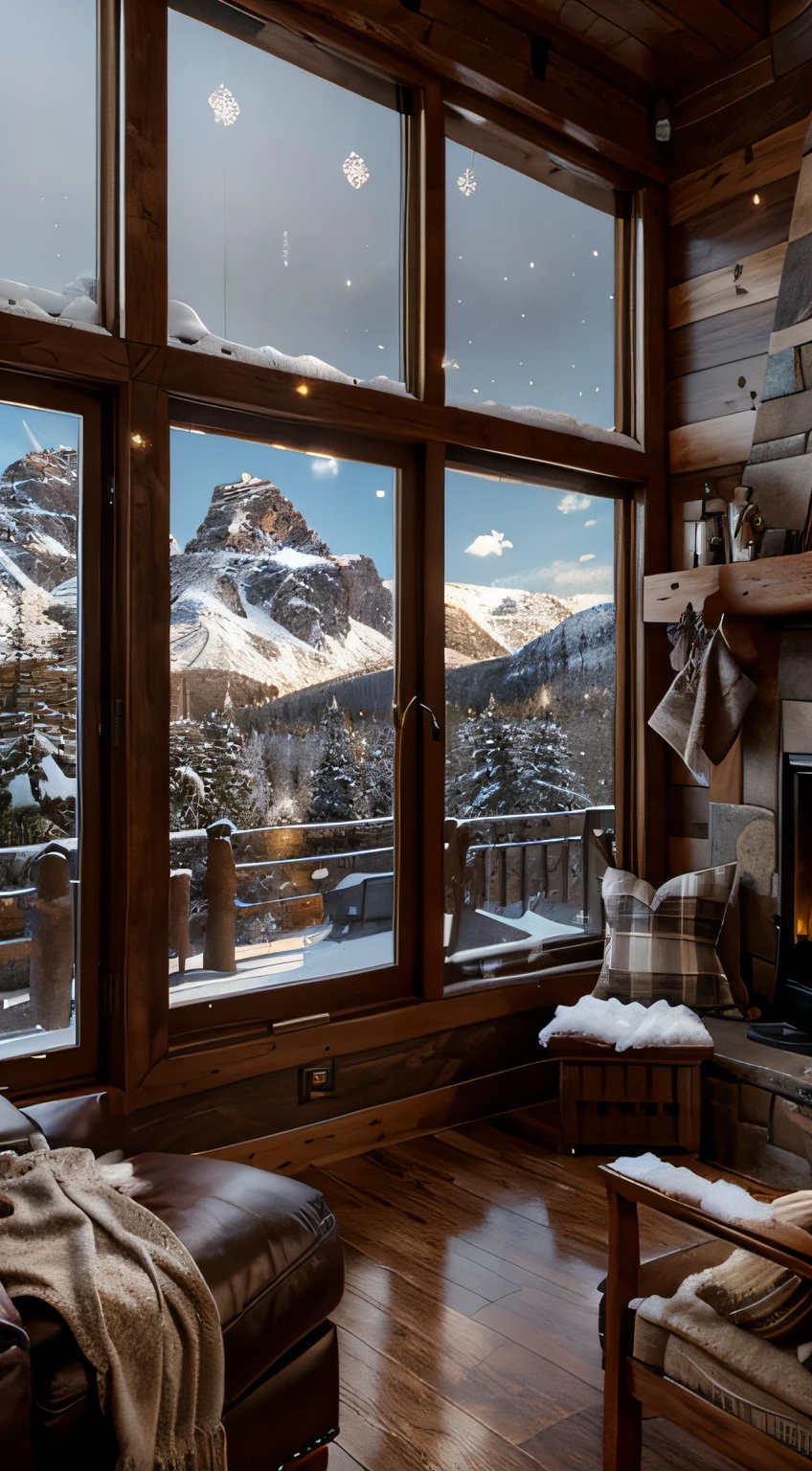 A luxurious cabin in the snowy mountains, cozy fireplace, plaid blankets, and hot cocoa, panoramic windows reveal a winter wonderland, the scene evokes warmth and serenity, 3D rendering