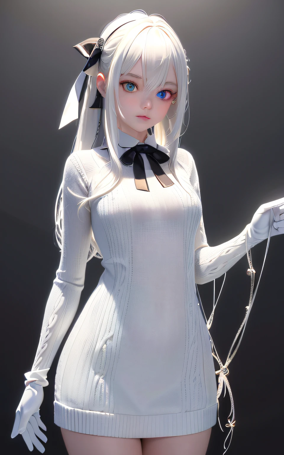 Outstanding Creation, hight resolution, top-quality, UHD, super detailing, Award, 16k, (The upper part of the body), Beauty Otome, white hair, length hair, ((heterochromia iridis), Hanging corner, light skinned, (small tits), (Slim figure), ((Sweaters)), (Ribbon Color), (Gloves as short as half a palm)