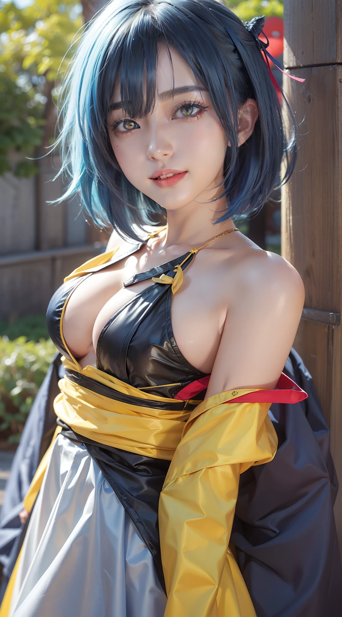 1girll, anime《Naruto》Akatsuki Konan, Short hair, Blue hair, Yellow eyes, Smile, Beautiful, Sexy dress, Sexy clothes, Black clothes, very Bigger breasts, Realistic clothes, Detail Clothing, Outdoor background, Ultra detail, Realistic