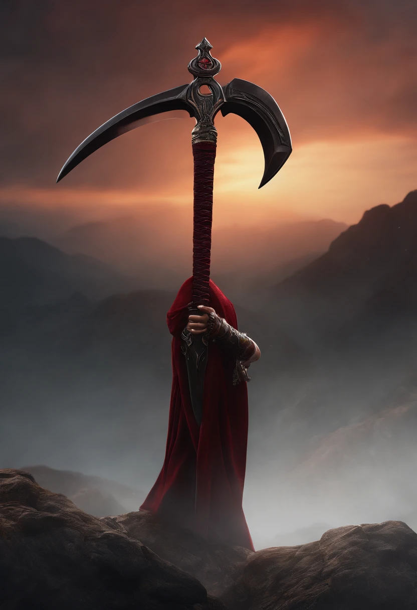 (best quality,4k,8k,highres,masterpiece:1.2),ultra-detailed,(realistic,photorealistic,photo-realistic:1.37),dark red,sharp pointed ends,long,double-sided axe scythe weapon,vivid colors,cool design