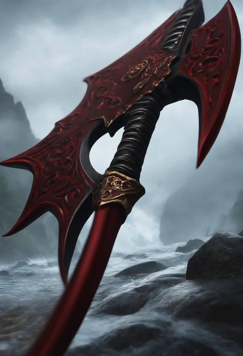 (best quality,4k,8k,highres,masterpiece:1.2),ultra-detailed,(realistic,photorealistic,photo-realistic:1.37),dark red,sharp pointed ends,long,double-sided axe scythe weapon,vivid colors,cool design