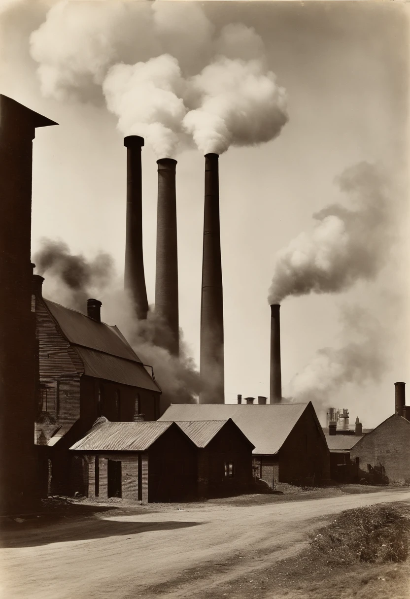 arafed factory smoke billowing out from a large industrial area, industrial fires and smog, industrial revolution, industrialization, factories, factories and nature, factory background, smokestacks, smoke from chimneys, 1930 photo, 1940s photo, 1 9 3 8 photo, industrial steam, buildings and smoke, 1890 photo