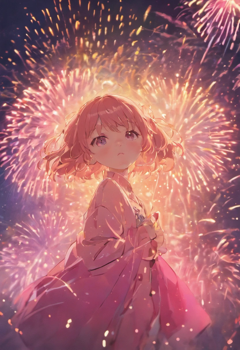 the night，In pink，Fireworks all over the sky，Heart-shaped bubbles，Teen couples，Cartoony，Chubby little girl and little boy hugging each other，Glowing fireflies around，，Cute and cute，KIDS ILLUSTRATION，Glow effects，Dingdall effect，depth of fields，high light，Real light，Ray traching，oc rendered，Hyper-realistic，best qualtiy，8K，Works of masters，super-fine，Detailed pubic hair，Correct anatomy，sharp focus on eyes，Bokeh，Facial features are carefully depicted