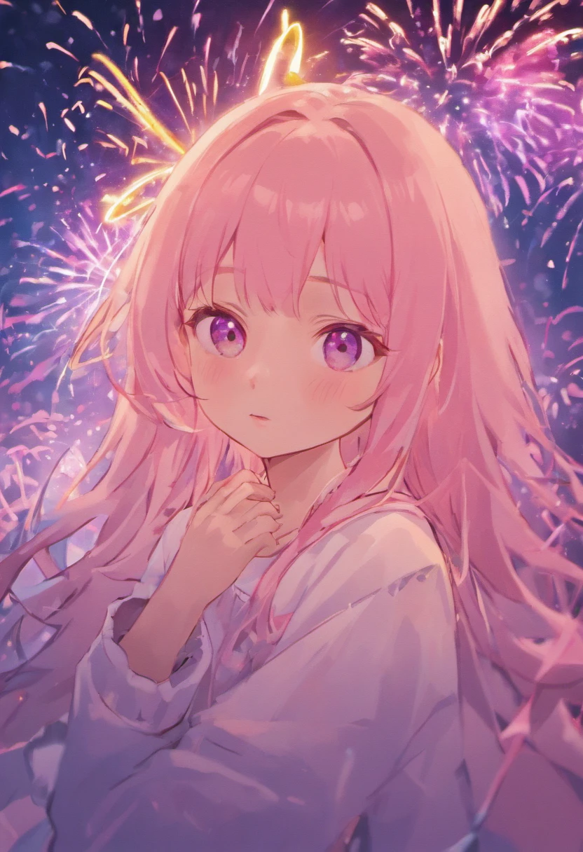 the night，In pink，Fireworks all over the sky，Heart-shaped bubbles，Teen couples，Cartoony，Chubby  girl and littleugging each other，Glowing fireflies around，，Cute and cute，KIDS ILLUSTRATION，Glow effects，Dingdall effect，depth of fields，high light，Real light，Ray traching，oc rendered，Hyper-realistic，best qualtiy，8K，Works of masters，super-fine，Detailed pubic hair，Correct anatomy，sharp focus on eyes，Bokeh，Facial features are carefully depicted