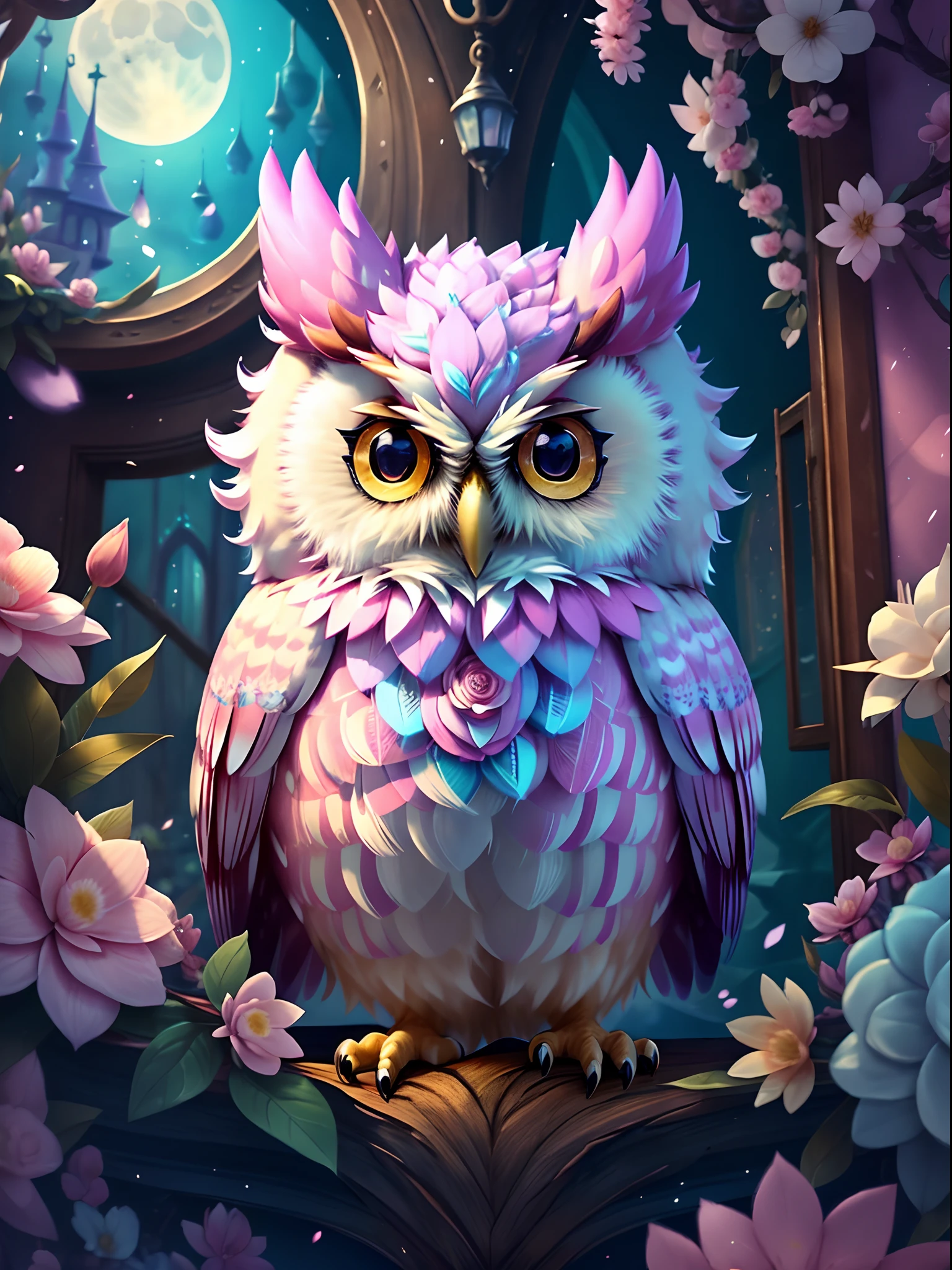 A mysterious owl in a magic school,Full of aura,Lovely so much,pink back ground,fresh flowers,vases,dream magical,Open-mouthed,ssmile,yang08k,Furry art,elokitty,Disney's Owl,disney stylized furry,Ear floating,Fluffy feathers,Fluffy,themoon