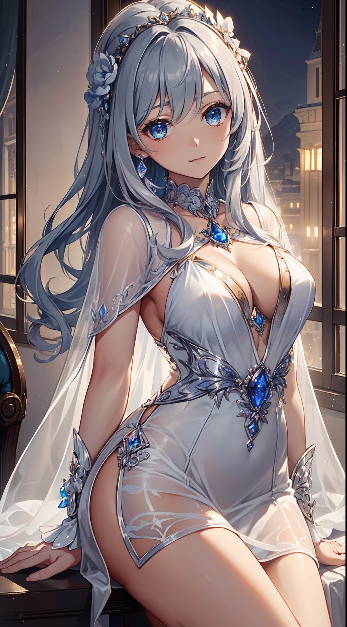 top-quality、Top image quality、tmasterpiece、8kK、Girl vs((Sixteen years old、Best bust、Medium bust、Enchanted、Seductive posture、Leigh's sapphire eyes、Breasts wide open,Slightly curly silver hair、big bast、slenderness、Great Valley、Silver dress、White sheer tunic dress，Reflectors)）highest  quality、beautiful art、Background with((luxury hotel、Night view windows)))masutepiece、visual art、depth of fields、Diamonds adorn clothes，glitters，full bodyesbian