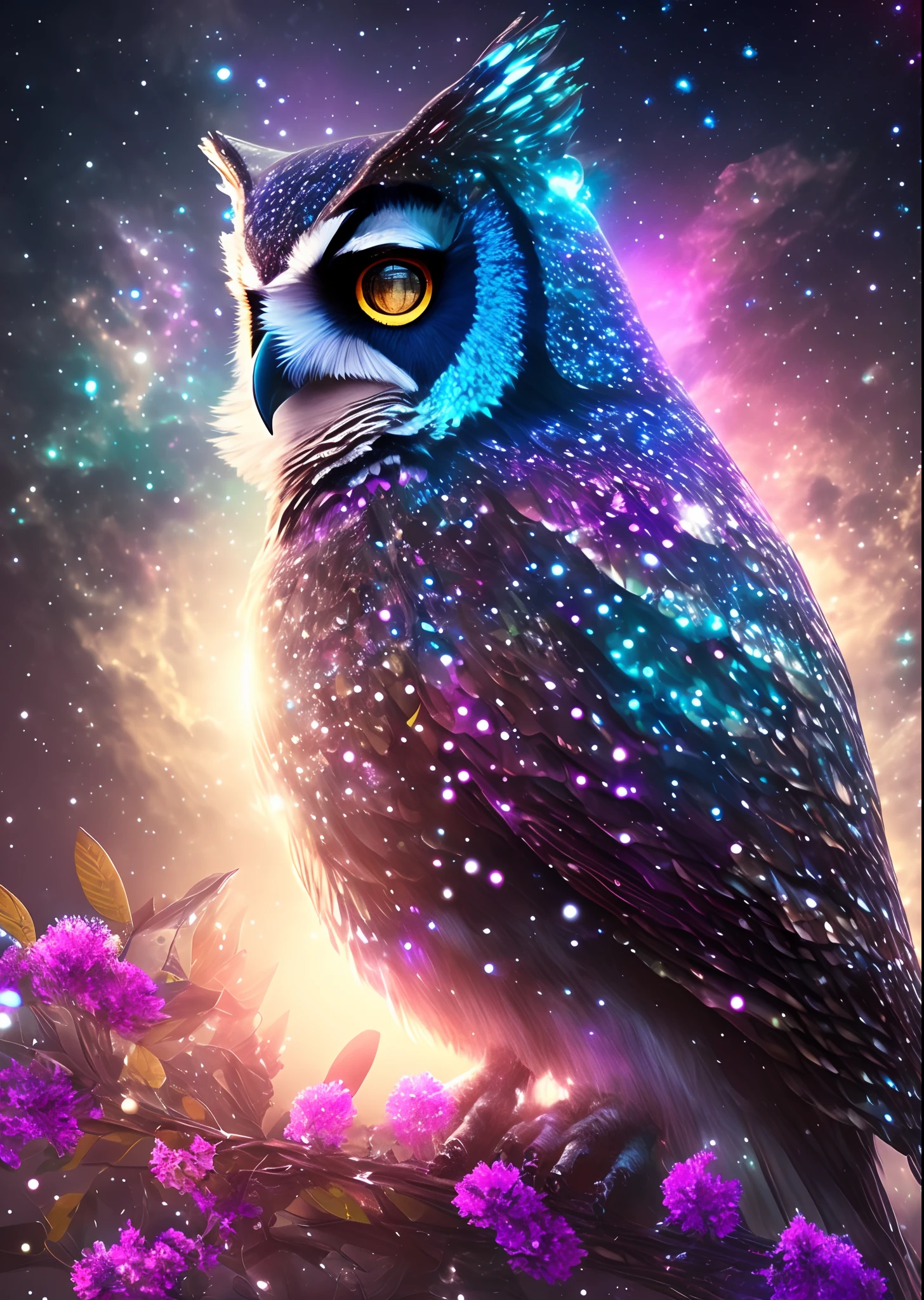 DreamlikeArt, milky ways, cosmic space, Starcloud, Star, [cyber punk perssonage] Owl from the stars (Star:1.5), blossoms，foliage