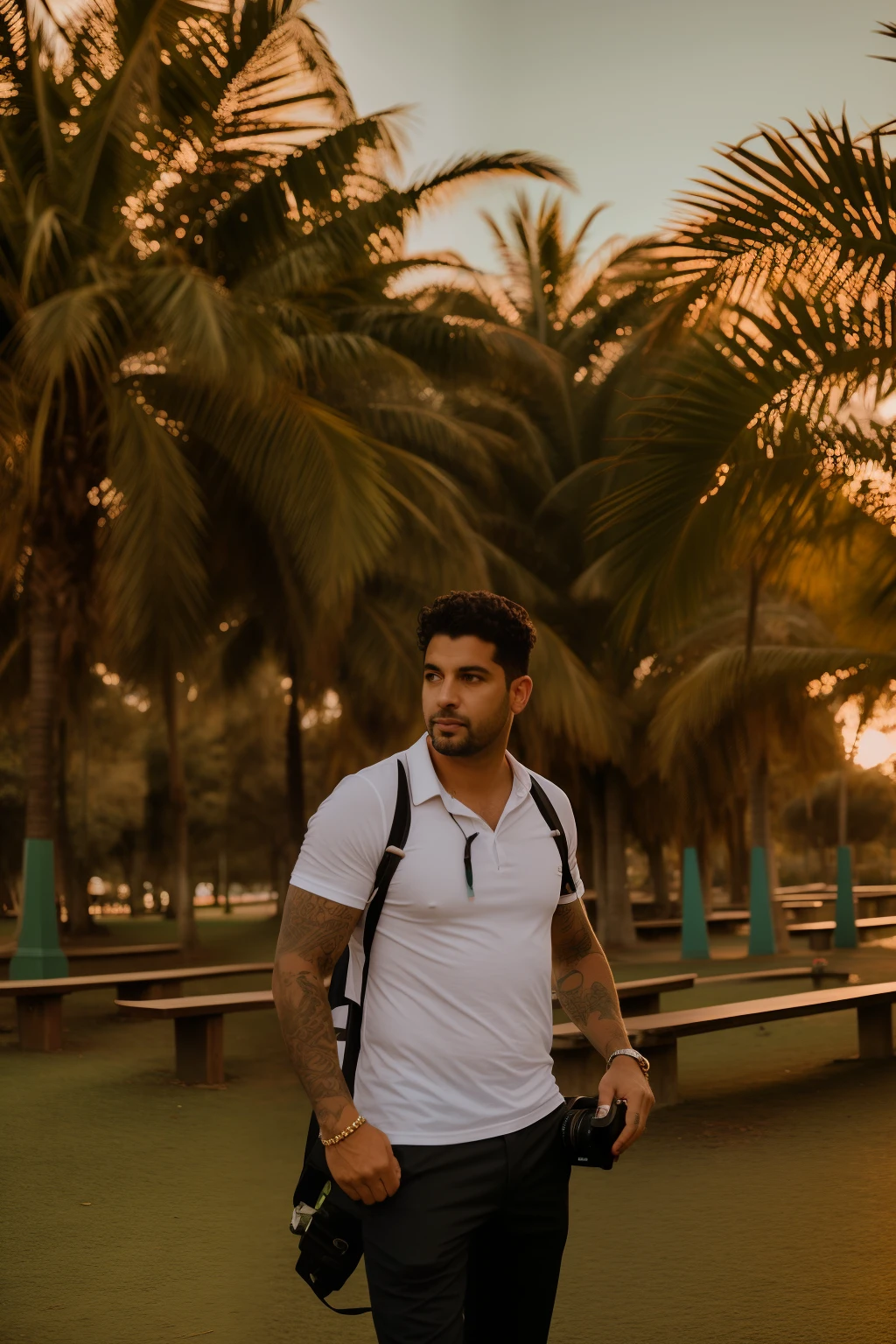 There's a man standing in a park with a camera, com palmeiras nas costas, trees in the background, Tiro na Hora de Ouro, no Parque, Durante a Hora Dourada, em um parque, Parque em segundo plano, Homem de Branco T - Camisa, in the sunset, em um parque, tirada na hora dourada, com um parque ao fundo