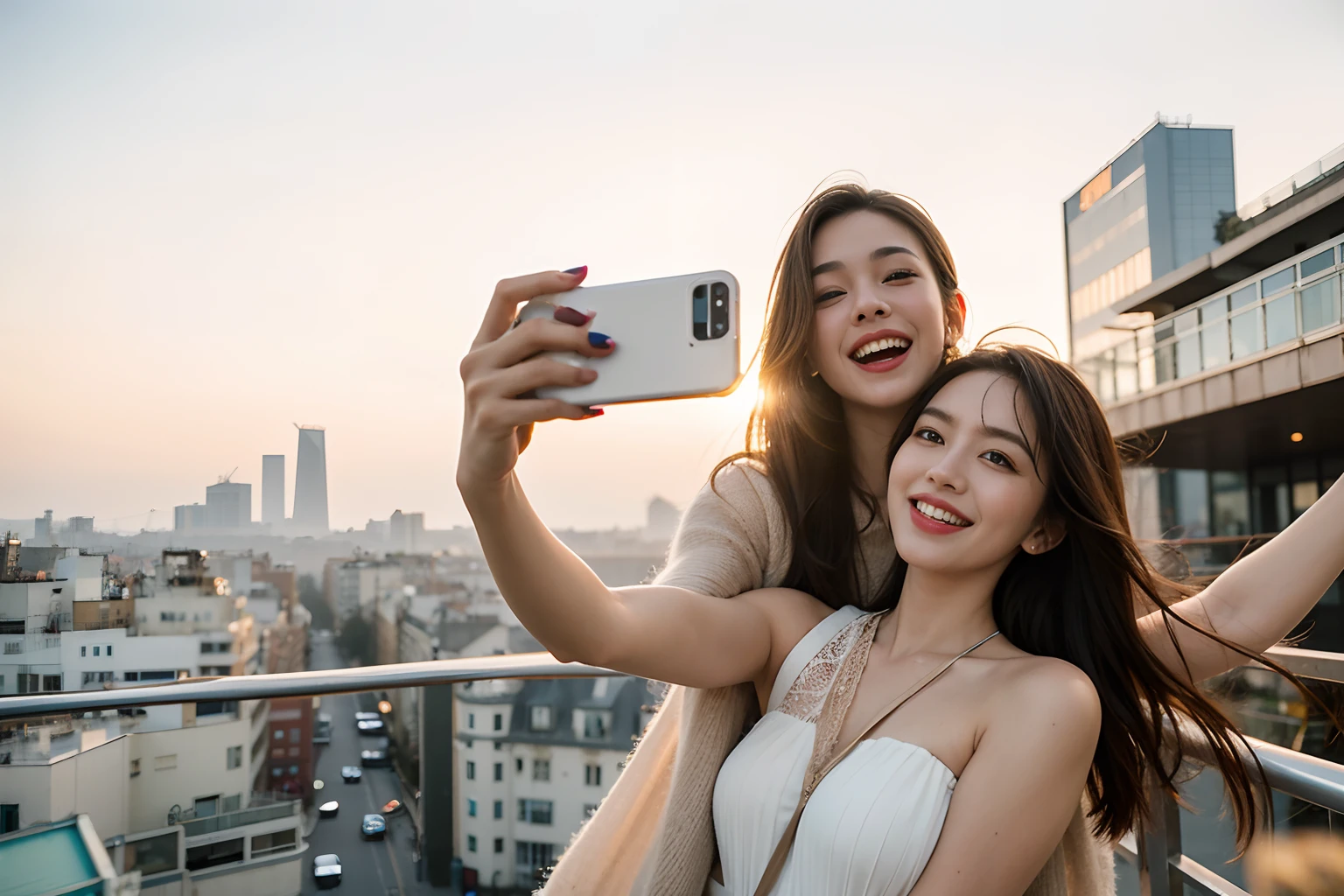 A girl stands on a balcony and takes a selfie with her best friend, Capture moments of their friendship. one girl holding smartphones,The smile is bright. The girl's expressive eyes and beautiful delicate lips,Enhance the charm of the photo. The composition of the photo highlights the cityscape in the background, Show the atmosphere of the city. The picture quality is very high, With the best quality, 8K resolution, and high-resolution detail. The lighting is natural, The warm sunlight illuminated their faces. The hue is vibrant and lively, Give the image a youthful and energetic atmosphere. The atmosphere was full of excitement,Because they inadvertently captured an interesting and candid moment. The overall style of the image is a blend of modern portraiture and candid street photography.