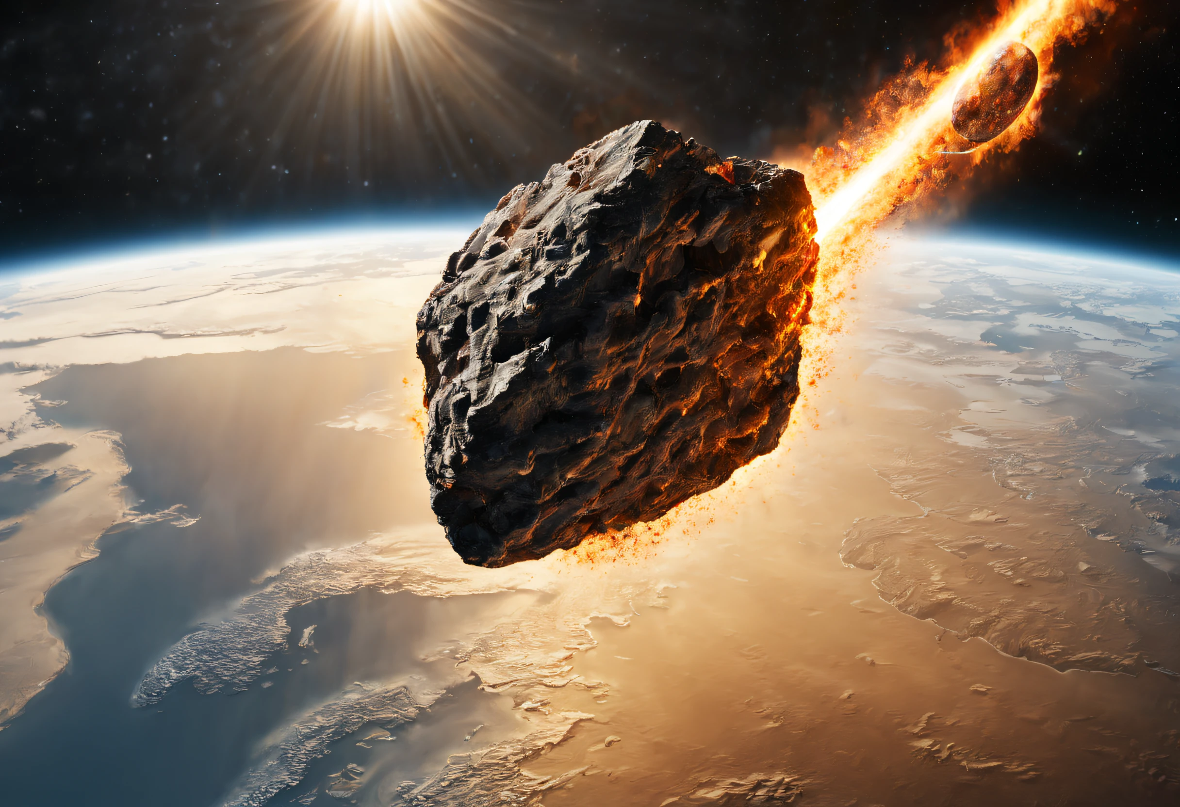 (best quality,4k,8k,highres,masterpiece:1.2),ultra-detailed,(realistic,photorealistic,photo-realistic:1.37),professional photograph of a meteorite (a meteorite approaches planet Earth: 1.45), leaves a trail of fire behind it, scene taken from a movie, image awarded by National Geographic magazine.