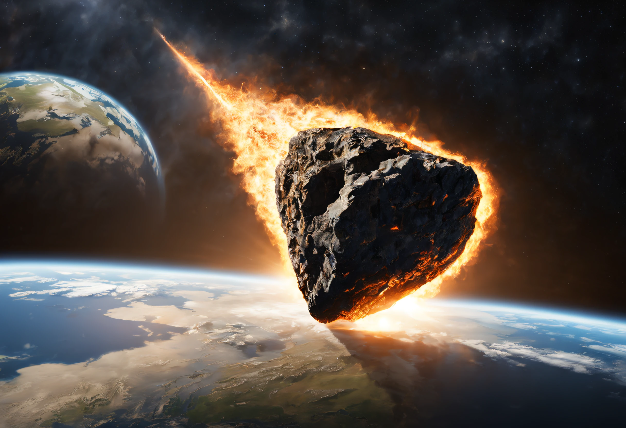 (best quality,4k,8k,highres,masterpiece:1.2),ultra-detailed,(realistic,photorealistic,photo-realistic:1.37),professional photograph of a meteorite (a meteorite approaches planet Earth: 1.45), leaves a trail of fire behind it, scene taken from a movie, image awarded by National Geographic magazine.