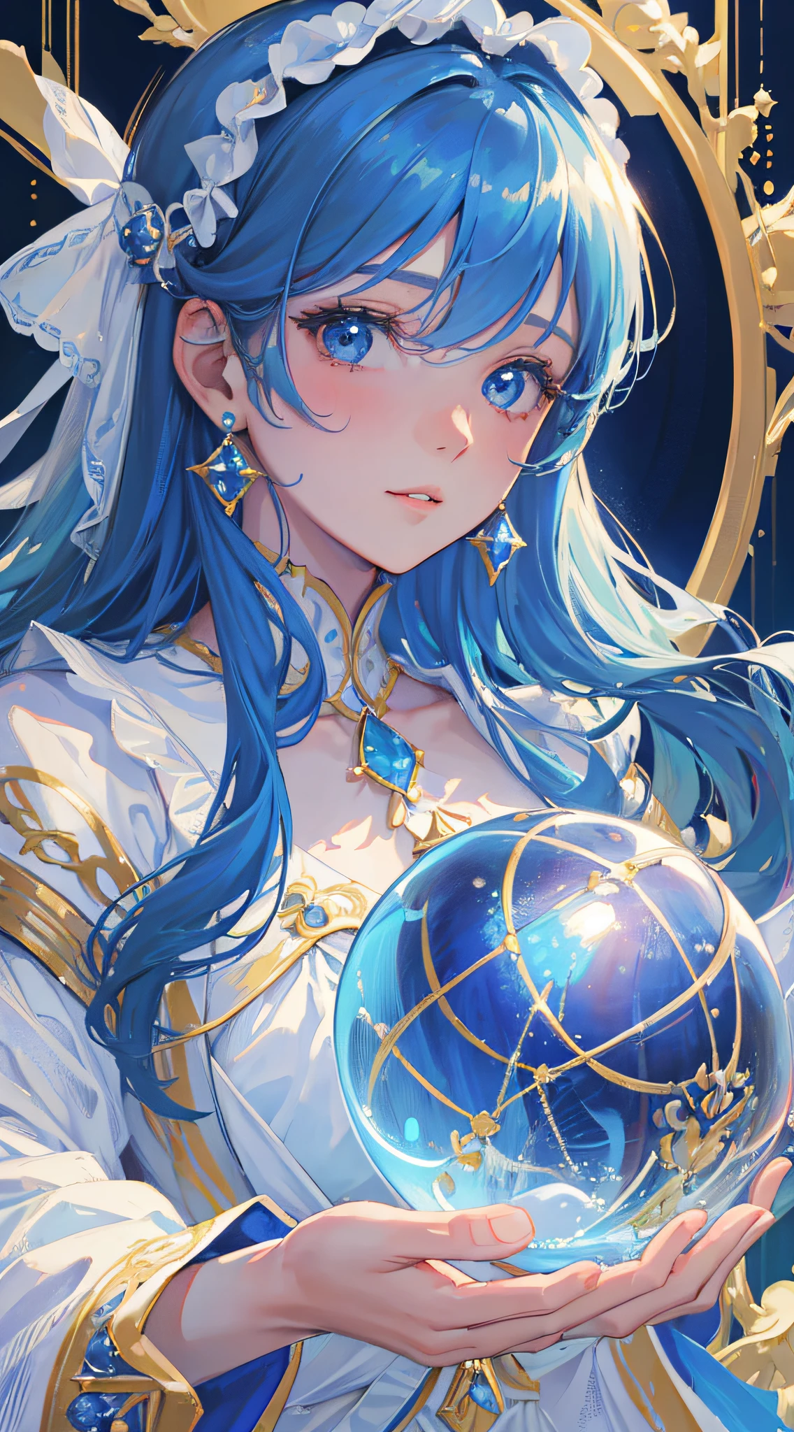 (best quality,highres,masterpiece:1.2),ultra-detailed,realistic,portrait,blue-haired girl holding a crystal ball, fair skin, wearing blue and white robe, gentle demeanor, anime style, serene ambiance, soft lighting