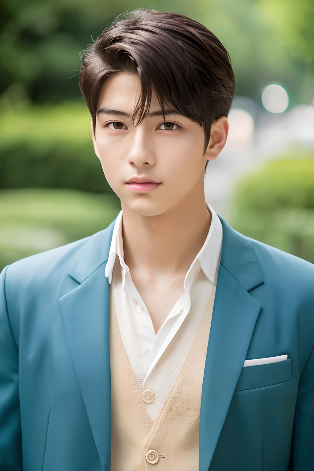 High quality, high definition, high resolution, 8k portrait, very detailed skin, 15 years old, Japanese boy, slender body, refreshing type, idol face, real photo, soothing type, beautiful face, colored contact lenses, , wheat-colored skin, looking at camera, necklace, pompadour, work clothes