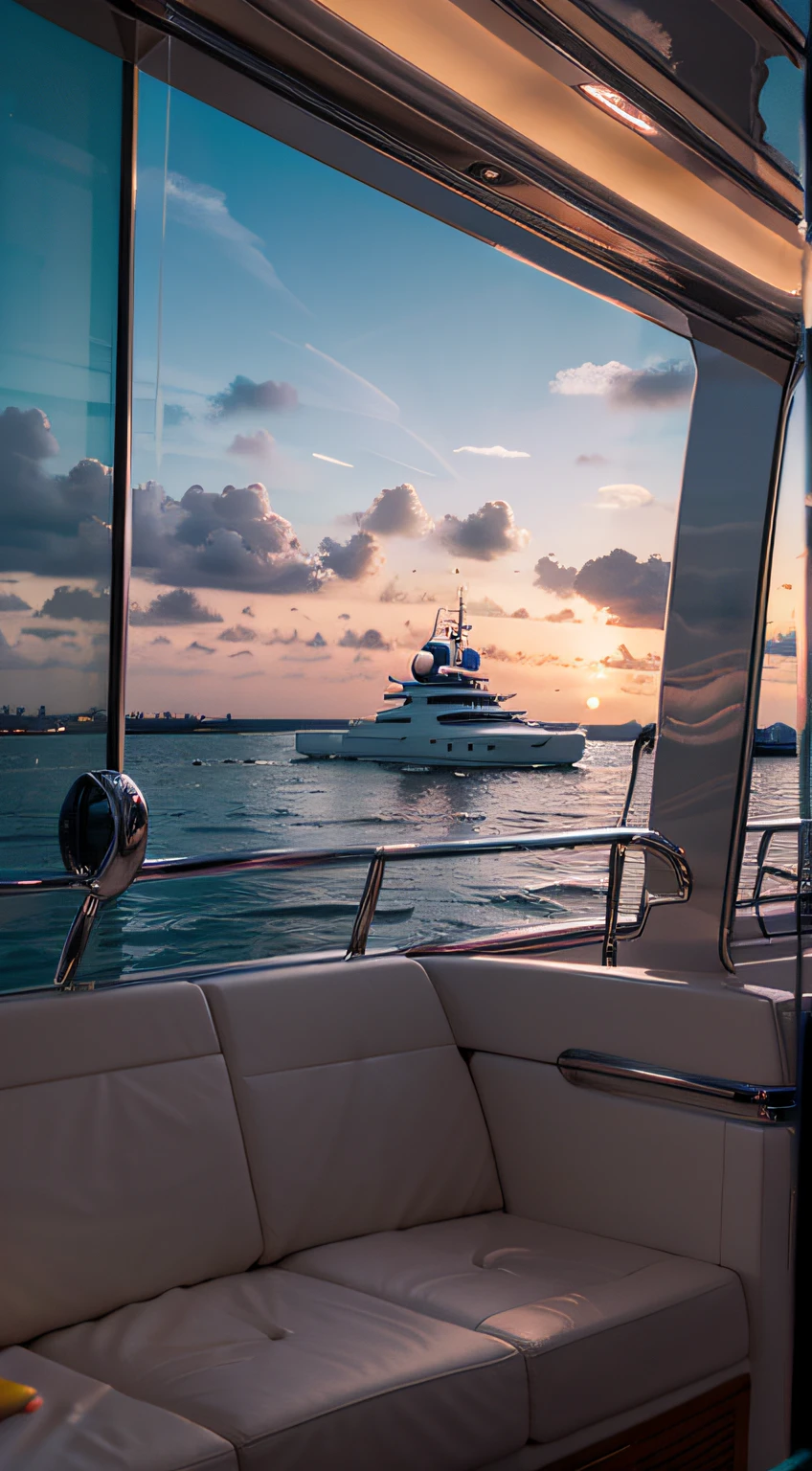 A yacht party at dusk, the ocean's pastel shades mirroring in the yacht's glass panels, vibrant music, and laughter filling the air, the atmosphere brimming with joy and celebration, ultrarealistic, pastel colors