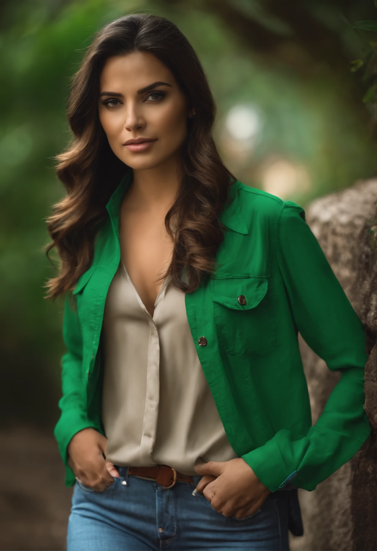 garota morena de longos cabelos ruivos sem franja utilizando uma camisa verde claro,jeans and bots, realista,