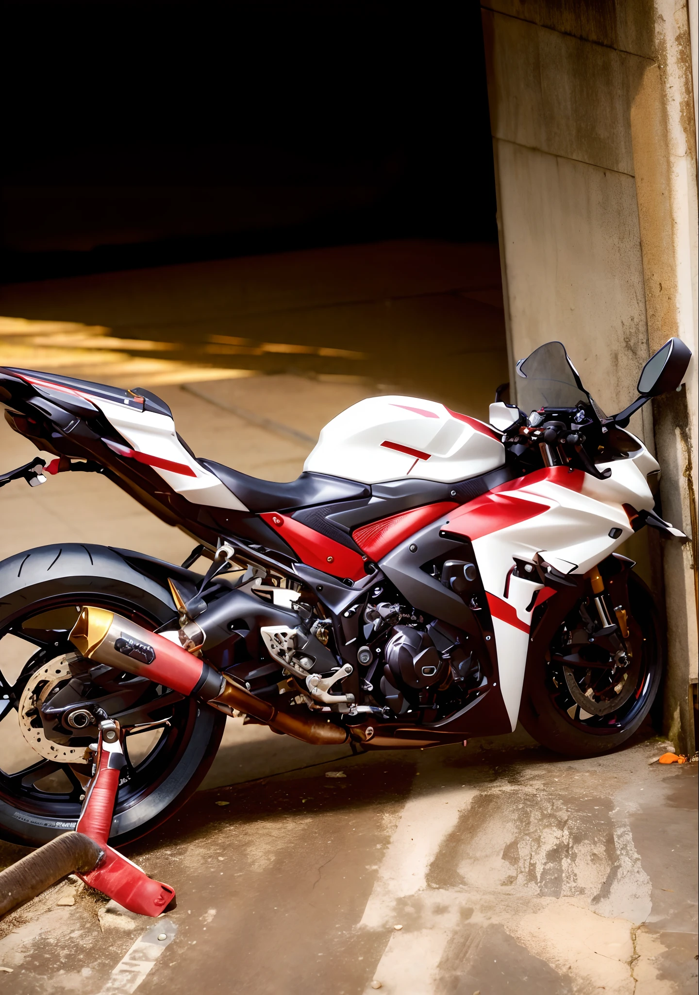 there is a motorcycle parked in a garage with a red tape, front side full, yoshimura exhaust, captured with sony a3 camera, taken with sony a7r camera, side front view, motorcycle, front side, samurai vinyl wrap, f 3 2, f32, front side views full, rear shot, front side view, motorbike, front profile