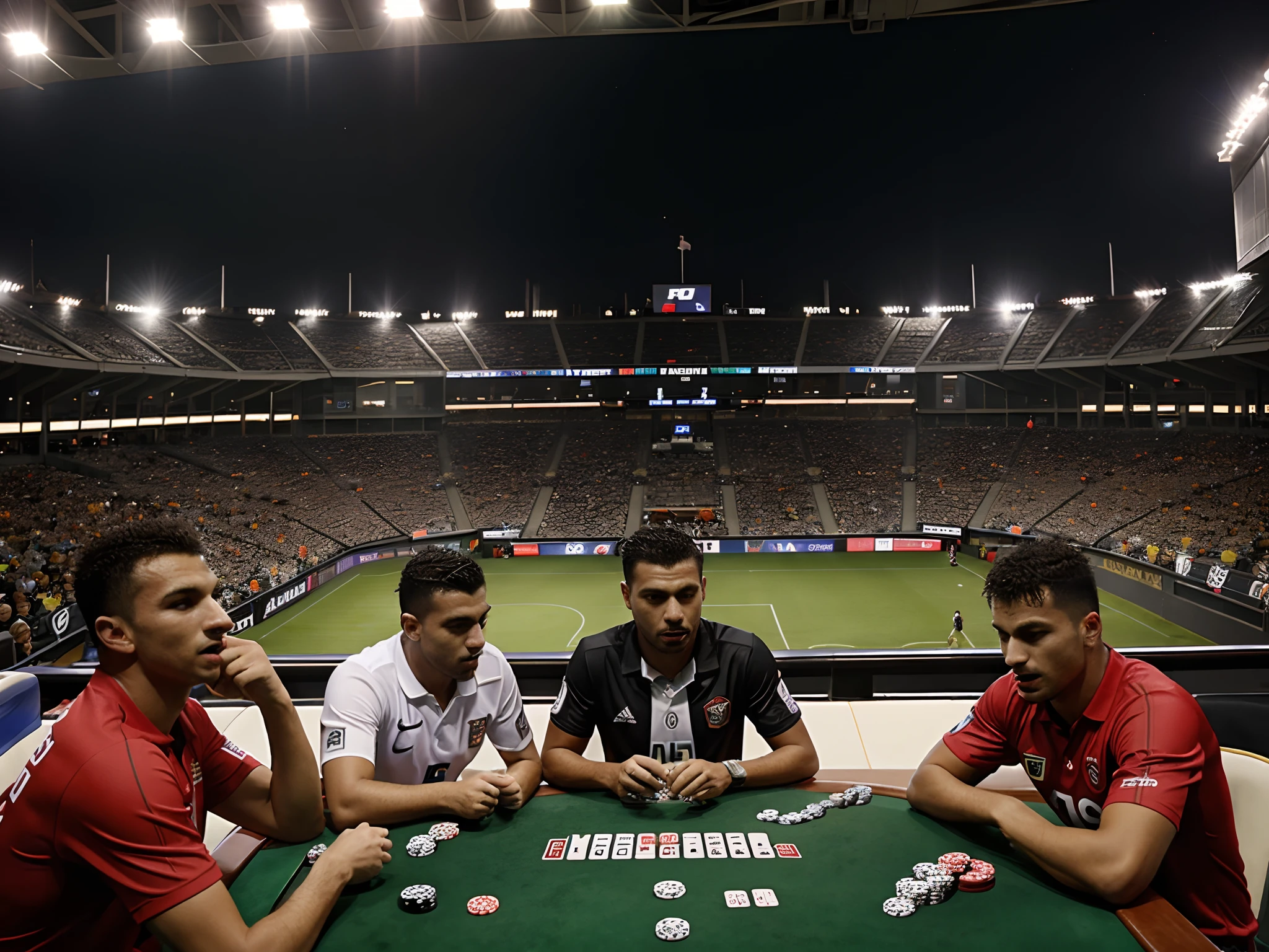 Um jogo de poker com homens brasileiros reais em uma arena de futebol. The arena is packed with excited people in the stands.