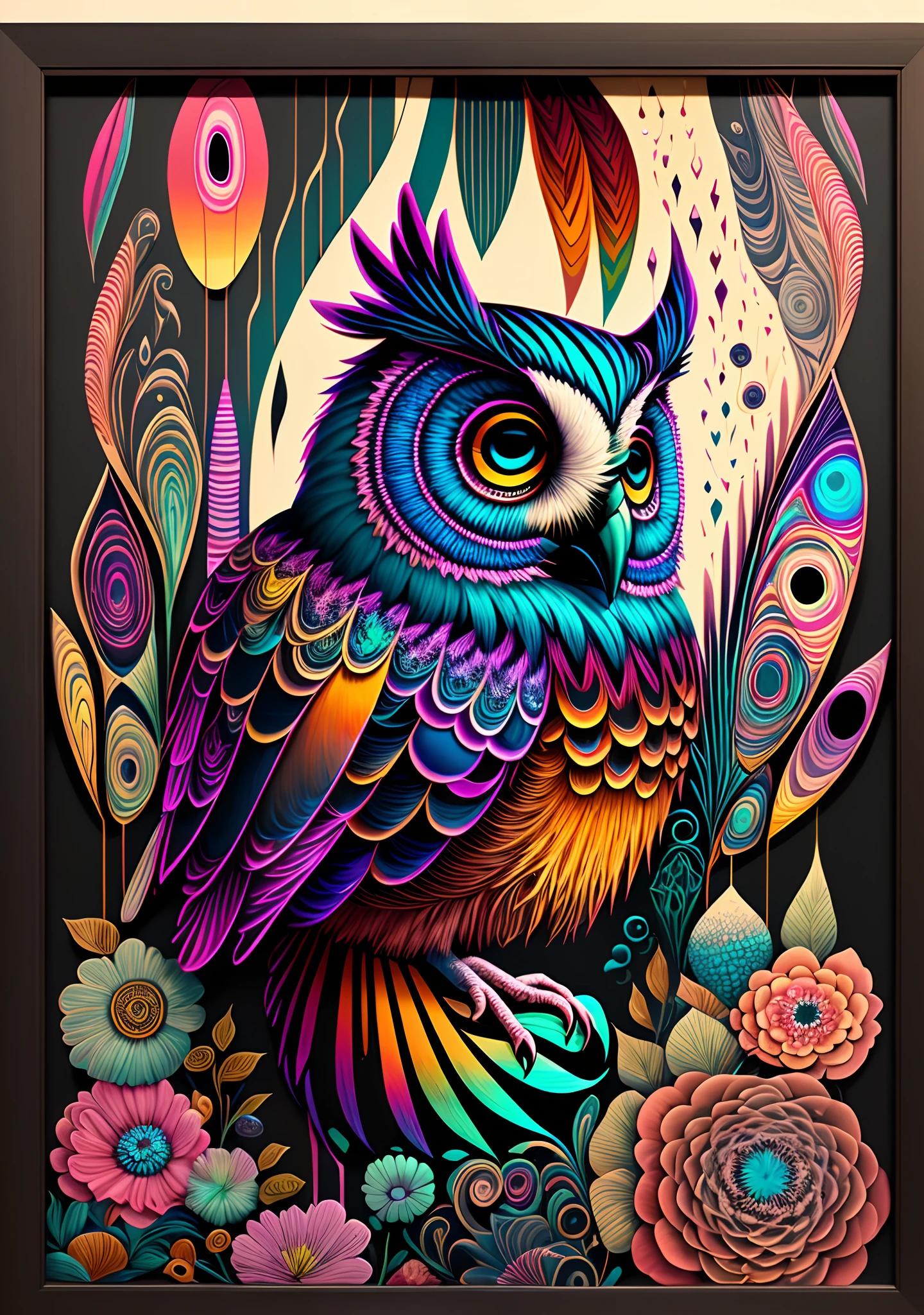 A modern and elegant vertical frame, finished in matte black, featuring a captivating and vibrant psychedelic owl painting. The art of the owl is exquisitely designed with vivid colors, intricate patterns and mesmerizing details. The painting is leaning against the back of the frame, creating a dynamic and casual display. The combination of the vertical frame and the psychedelic art of the owl add a touch of artistic fascination to any space.