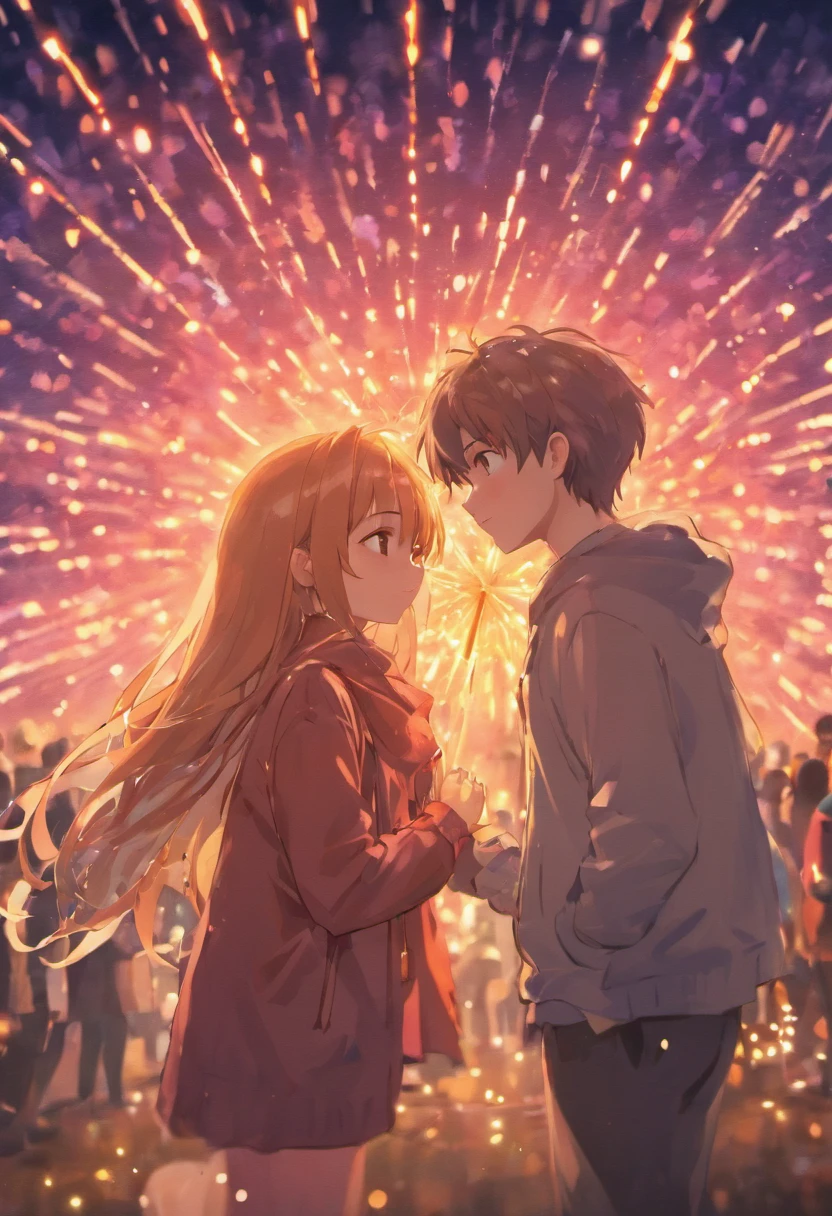 couples ,the night,In pink,Fireworks all over the sky,Heart-shaped bubbles,Cartoony,Chubby littl and little boyng each other,Glowing fireflies around,,Cute and cute,Glow effects,Dingdall effect,depth of fields,high light,Real light,Ray traching,oc rendered,Hyper-realistic,best qualtiy,8K,Works of masters,super-fine,Detailed pubic hair,Correct anatomy,sharp focus on eyes,Bokeh,Facial features are carefully depicted