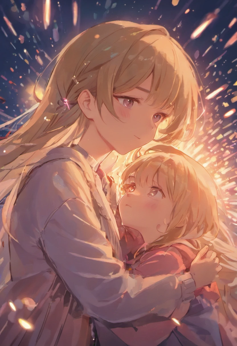 Teen couples ,the night，In pink，Fireworks all over the sky，Heart-shaped bubbles，Cartoony，Chubby little girl and little boy hugging each other，Glowing fireflies around，，Cute and cute，Glow effects，Dingdall effect，depth of fields，high light，Real light，Ray traching，oc rendered，Hyper-realistic，best qualtiy，8K，Works of masters，super-fine，Detailed pubic hair，Correct ???????，sharp focus on eyes，Bokeh，Facial features are carefully depicted