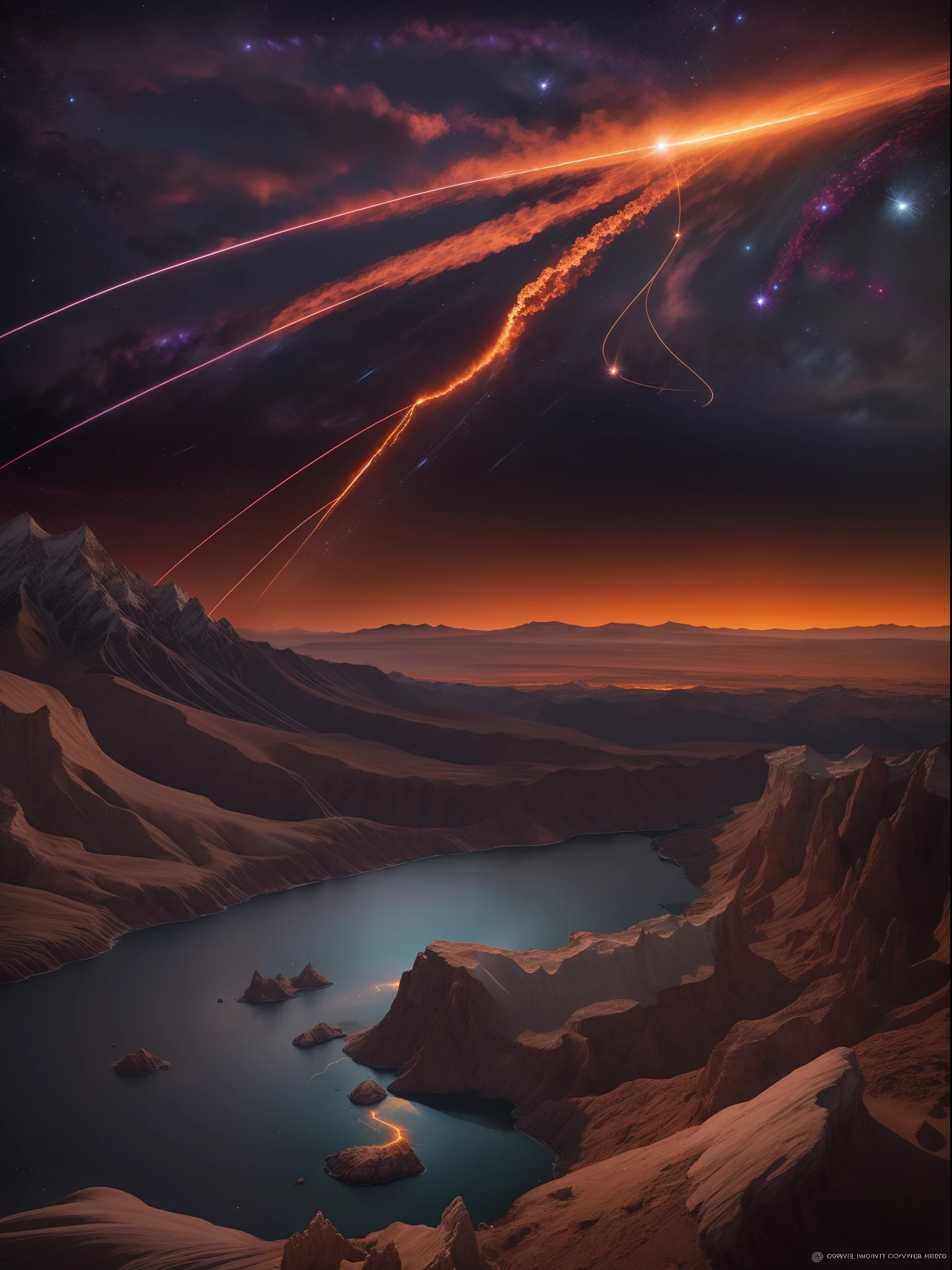 Capture the celestial drama of a meteor streaking across the night sky in your preferred artistic medium. Convey the awe and wonder of this cosmic visitor, its fiery trail, and the impact it makes on the world below, whether real or imagined.