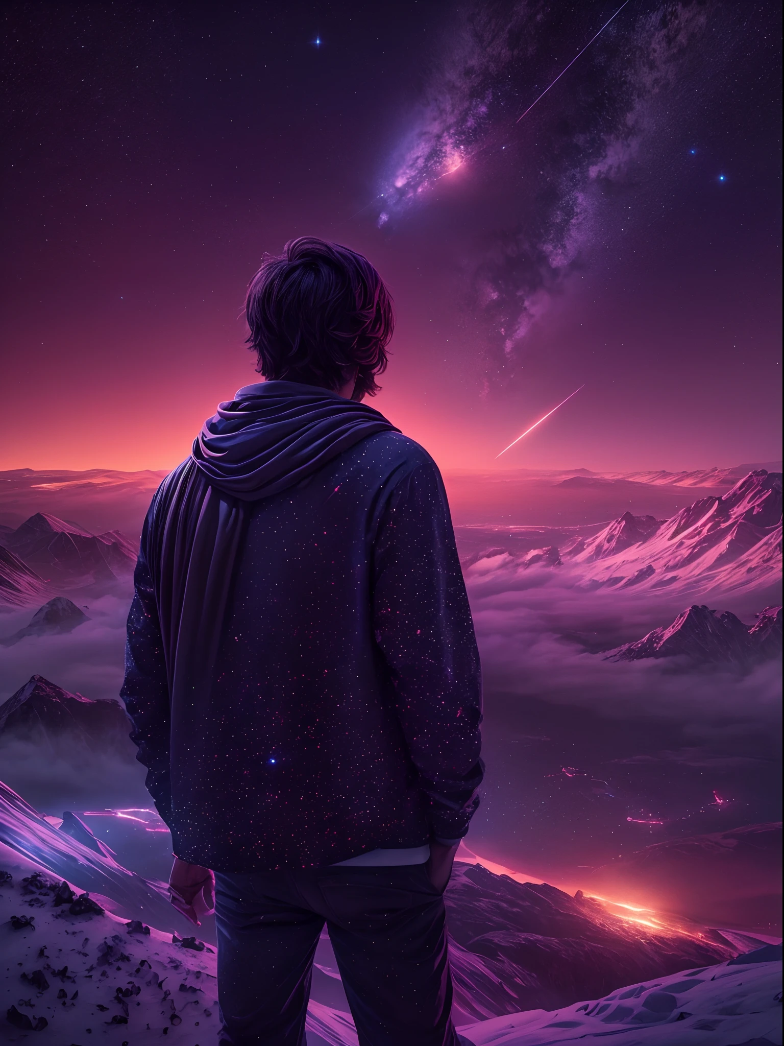 Create a breathtaking cinematic scene featuring a meteor hurtling through the night sky. Capture the awe-inspiring moment as it illuminates the darkness and evokes a sense of wonder and mystery. Use colors, composition, and lighting to transport viewers to this celestial spectacle