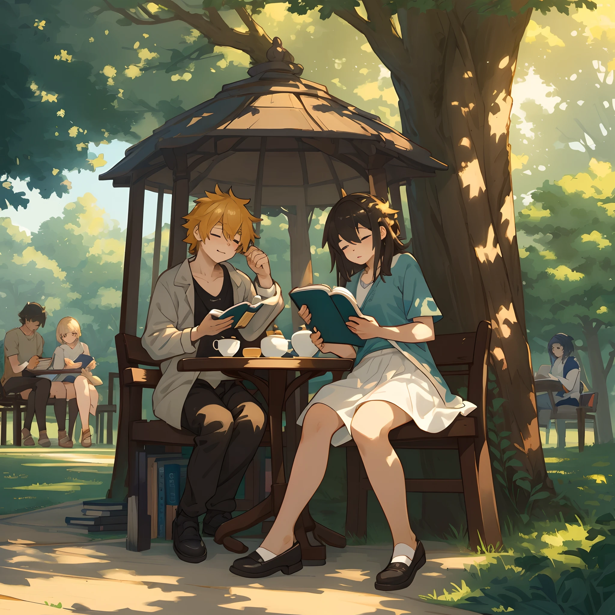 (masterpiece, top quality, best quality)fan-created illustration capturing a casual day in the life, relaxing in a in a dimly lit sunlit park, reading books and enjoying a peaceful afternoon tea, uitable for a fan-created work that could be shared on platforms like Pixiv or Twitter,