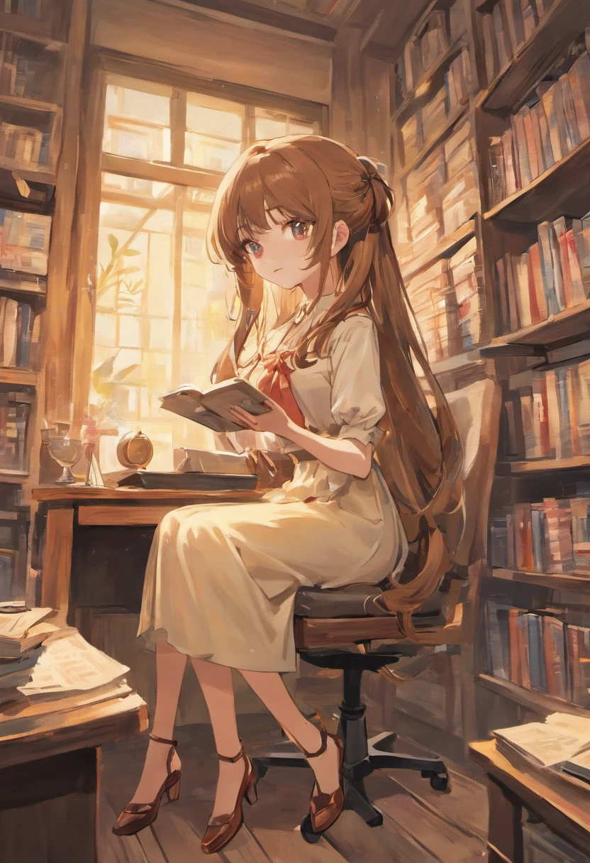 full height, Soft complexion,, European, The woman, aristocrat, with brown hair, with elongated bangs, with bright brown eyes, in a light-colored shirt with puff sleeves, Long straight skirt, Sitting in an office chair with a stack of books and papers, Garden outside the window