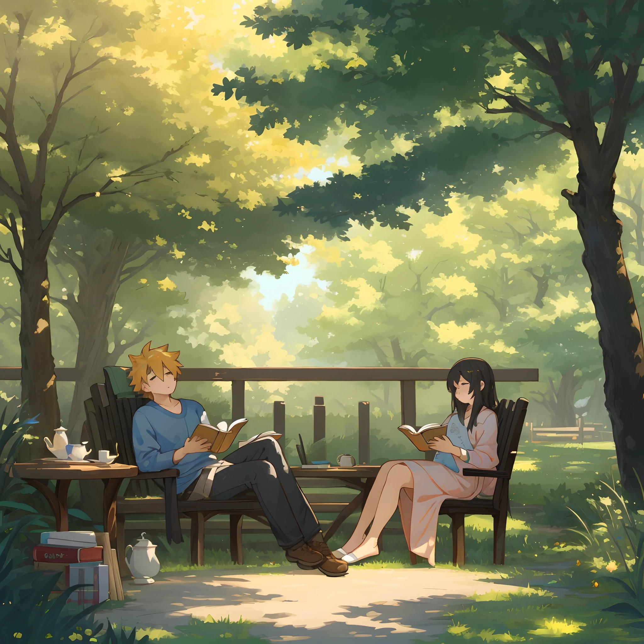 (masterpiece, top quality, best quality)fan-created illustration capturing a casual day in the life, relaxing in a in a dimly lit sunlit park, reading books and enjoying a peaceful afternoon tea, uitable for a fan-created work that could be shared on platforms like Pixiv or Twitter,