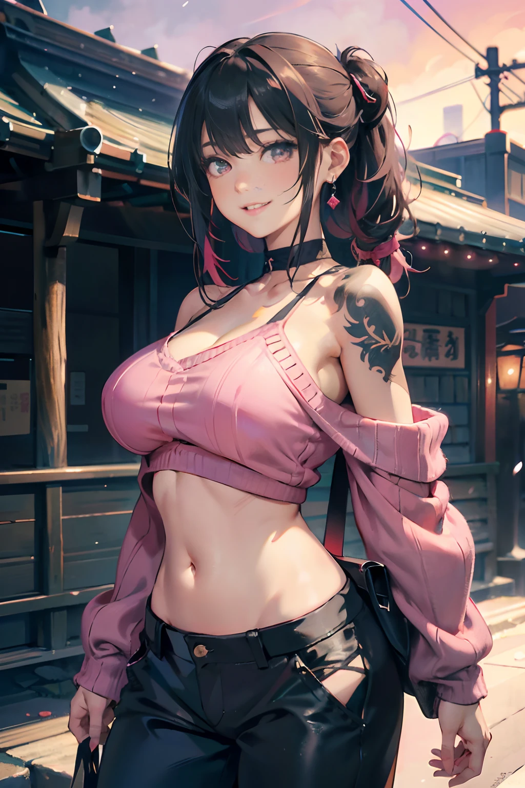 a girl in halloween costume showing her breasts,((detailed nipples)), festival scenery, medium breasts, flirtatious, ((very detailed)), perfectly detailed face, detailed hand, photorealistic image.
