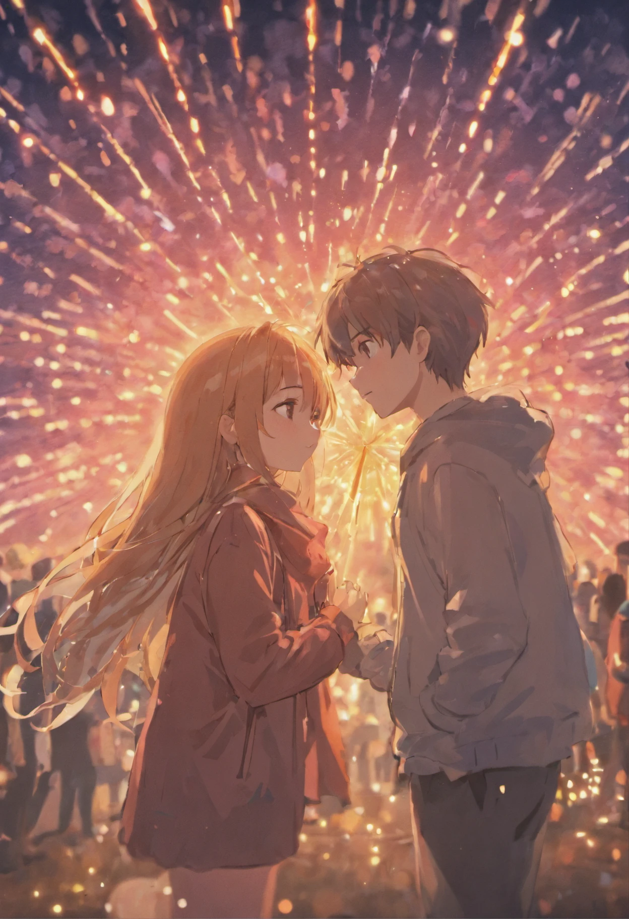Teen couples ,the night,In pink,Fireworks all over the sky,Heart-shaped bubbles,Cartoony,Chubby little girl and little boy hugging each other,Glowing fireflies around,,Cute and cute,Glow effects,Dingdall effect,depth of fields,high light,Real light,Ray traching,oc rendered,Hyper-realistic,best qualtiy,8K,Works of masters,super-fine,Detailed pubic hair,Correct anatomy,sharp focus on eyes,Bokeh,Facial features are carefully depicted