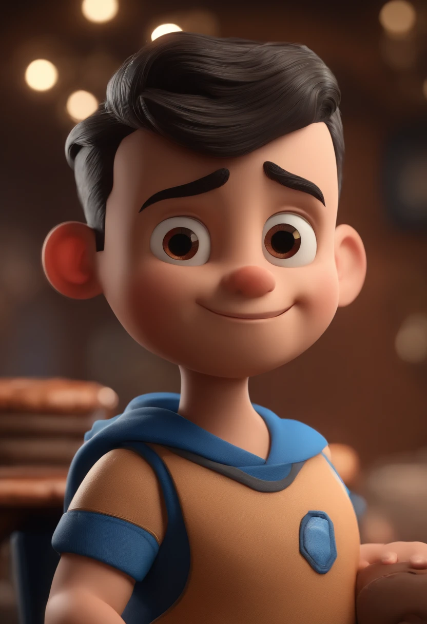 Personagem de desenho animado de um homem usando  e uma camisa azul, um personagem animado, Caractere estilizado, animation style rendering, 3D estilizado, Arnold Maya render, 3 d render stylized, toon render keyshot, Personagem 3D, Personagem 3D, 3d rendering stylized, 3 d character render, personagem de desenho animado, Personagem de close up, Pose de personagem, (Estilo Pixar) (master part:1.2) (Bokeh) (best quality) (pele detalhada) (textura detalhada) (8k) (argila) (Cinematic lighting) (foco nítido，Senta e vaza a parte superior do corpo