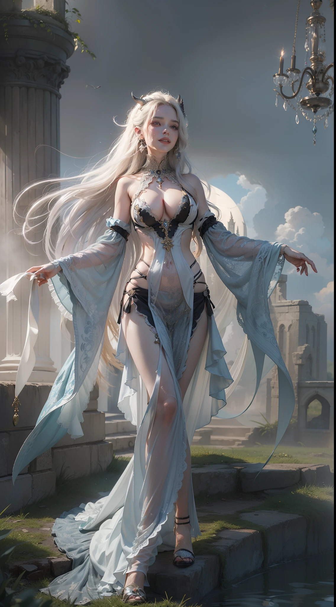 (Numerous award-winning masterpieces of, With incredible details, textures and maximum detail), (Ultra photo realsisim:1.4), (Realistic:1.3), (best quality real texture skin), ((medieval world)), finely quality eyes, finerly detailed face, (((The witch's old black hat))), (Slim witch in white), (Slim female wizard in white), (Slim witch in black), (slim female wizard in black), Gentle eyes, ((perfect and beautiful fingers)), ((perfect and beautiful arms)), (She has a mischievous smile on her face:1.4), Friendly and girlish face, (The devil dances overhead), Glass earrings on the ears, (Dramatic photo:1.6), Shining majestic lightning storm cloud mass and sky, halo optical phenomenon, Anti-Sacred Light, Twilight, Sunset, Dusk, (Dramaticlight), (A majestic sight), (Her expression was calm and gentle,Tremendously beautiful,but somehow terrifying), (A noble gesture), (Golden hair, Silver hair, Maroon hair), ((full-body portraits)), ((head looking up)), ((Looking down)), (full-body standing image:1.5), (She had a simple necklace around her neck,The workmanship is evil and delicate), Purgatory Altar, Old ruins infested with plants, The Great Temple of the Devil, great cathedral, The Devil's Grand Shrine, Temple ruins, detached temple, Magical Circle, Ancient Castle Site, Deserted ruins, crumbling ruins, Ancient ruins with clear water, wavelets, running water,熟妇,mature,plumw,Big breasts Thin waist,long leges, 独奏,Open your legs,(Beautiful and detailed eye description),(ultra - detailed,tmasterpiece,)facing at camera,A high resolution,ultra - detailed),laughingly,revealing breasts,Bare genitalia, Bulge,legs are open,Raised sexy,Camel toes,Flushed complexion,Desire for dissatisfaction,frontage,Correct anatomy,Detailed face, Detailed eyes
