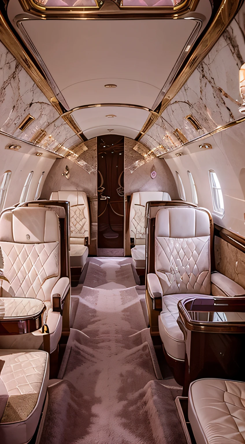 An opulent private jet interior adorned with pastel hues, lavish velvet upholstery, crystal chandeliers, and a marble floor, an atmosphere of extravagance and comfort, ultrarealistic