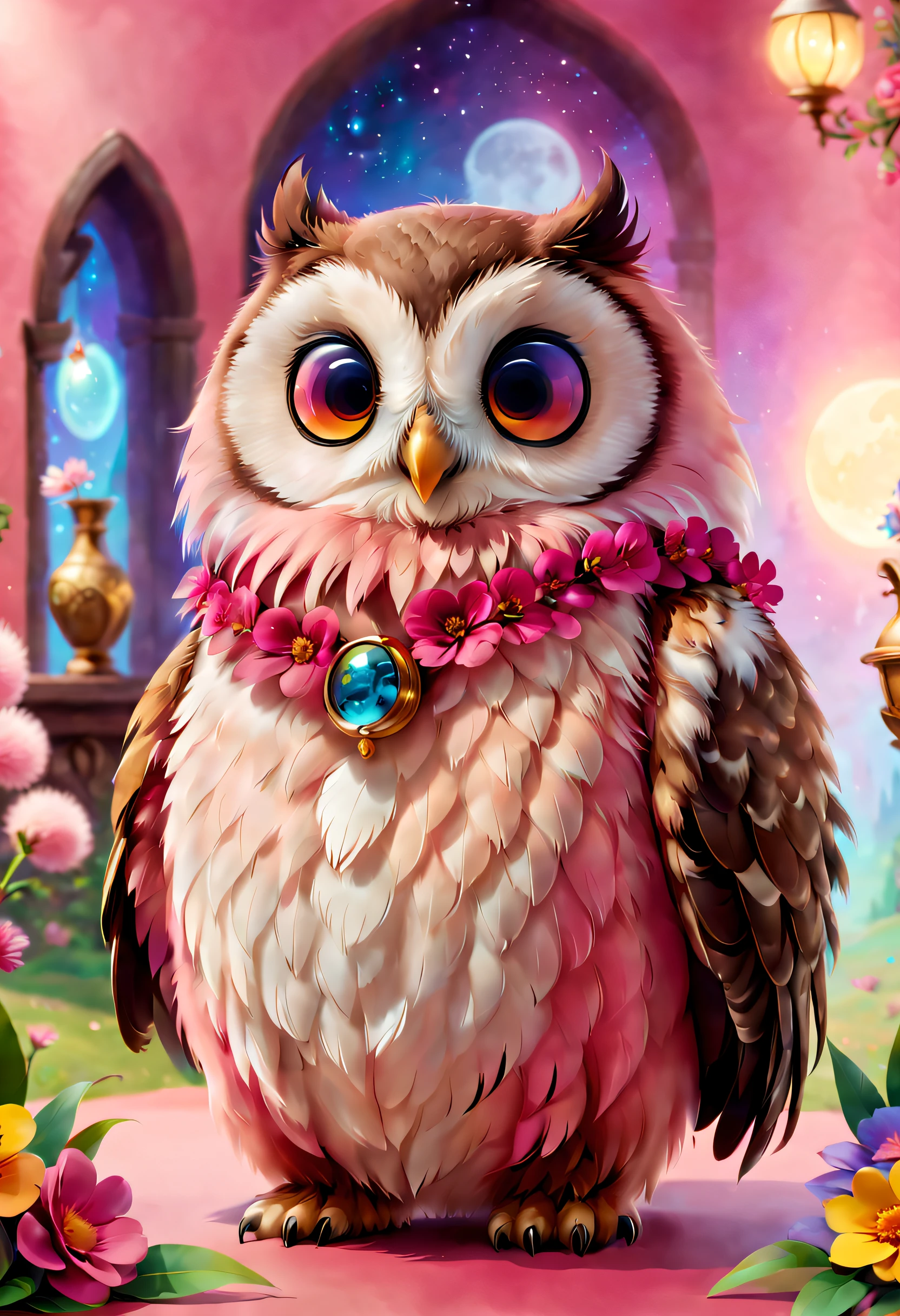 A mysterious owl in a magic school，Full of aura，Chubby cute，Tall body，pink back ground，fresh flowers，vases，dream magical，Open-mouthed，ssmile，yang08k,，Furry art，elokitty，Disney's Owl，disney stylized furry，Ear floating，Fluffy feathers，Fluffy，themoon，a owl in party Animals style