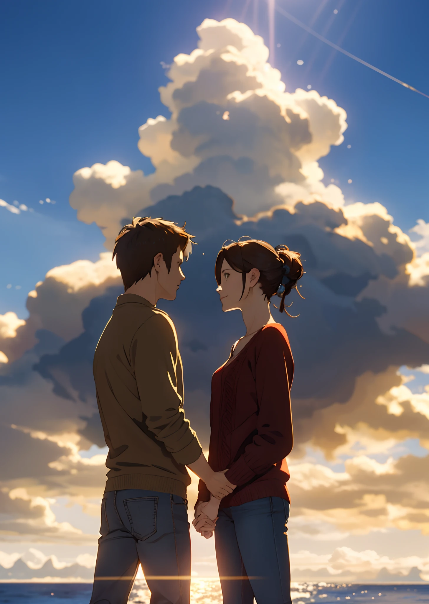 Romantische paar wie in Disney puxar film, sie Brasilianerin , hell braune Farbe, blaues Kleid, breites lachen, he muscular, light color, jeans and red sweater, light brown hair, Hintergrund das Meer und die zuckerhut Berg in brasilien