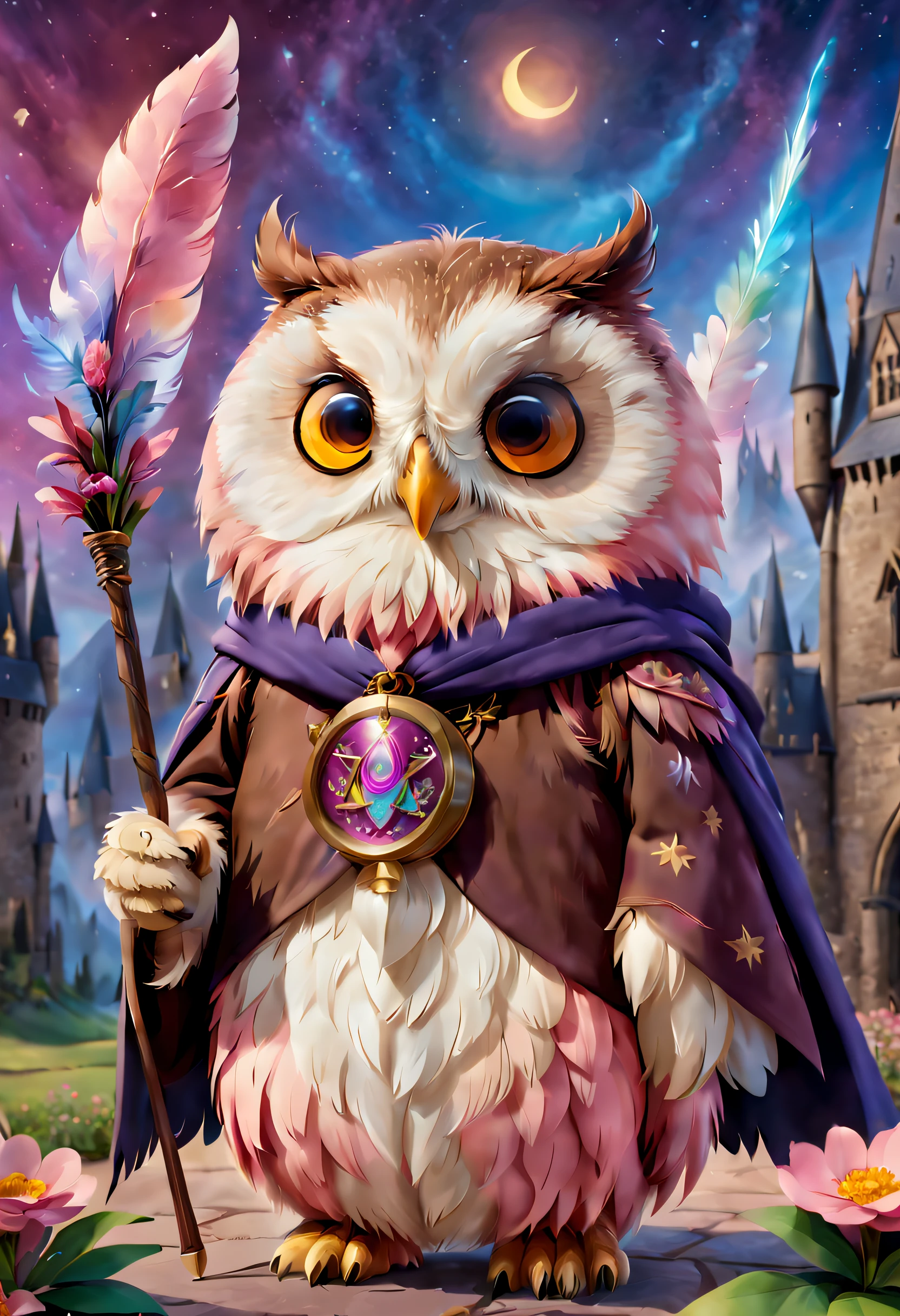 A mysterious owl at Hogwarts School of Witchcraft and Wizardry,Wearing a mage's robes,Wearing a pointed spoke,Teaching with a wand,Full of aura,Chubby cute,Tall body,pink back ground,fresh flowers,vases,dream magical,Open-mouthed,ssmile,yang08k,,Furry art,elokitty,Disney's Owl,disney stylized furry,Ear floating,Fluffy feathers,Fluffy,themoon,a owl in party Animals style